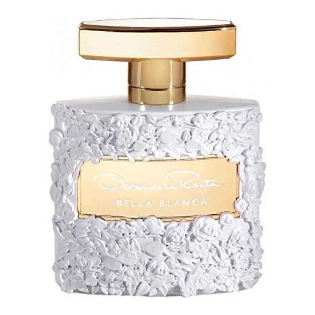 Weiße Parfümflasche mit floralem Muster und goldfarbenem Verschluss. Aufschrift: Oscar de la Renta Bella Blanca.