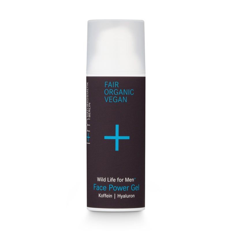 Zylinderförmige Flasche mit weißem Deckel. Schwarzes Etikett mit blauem Pluszeichen und Text: Fair Organic Vegan, Face Power Gel, Koffein | Hyaluron.