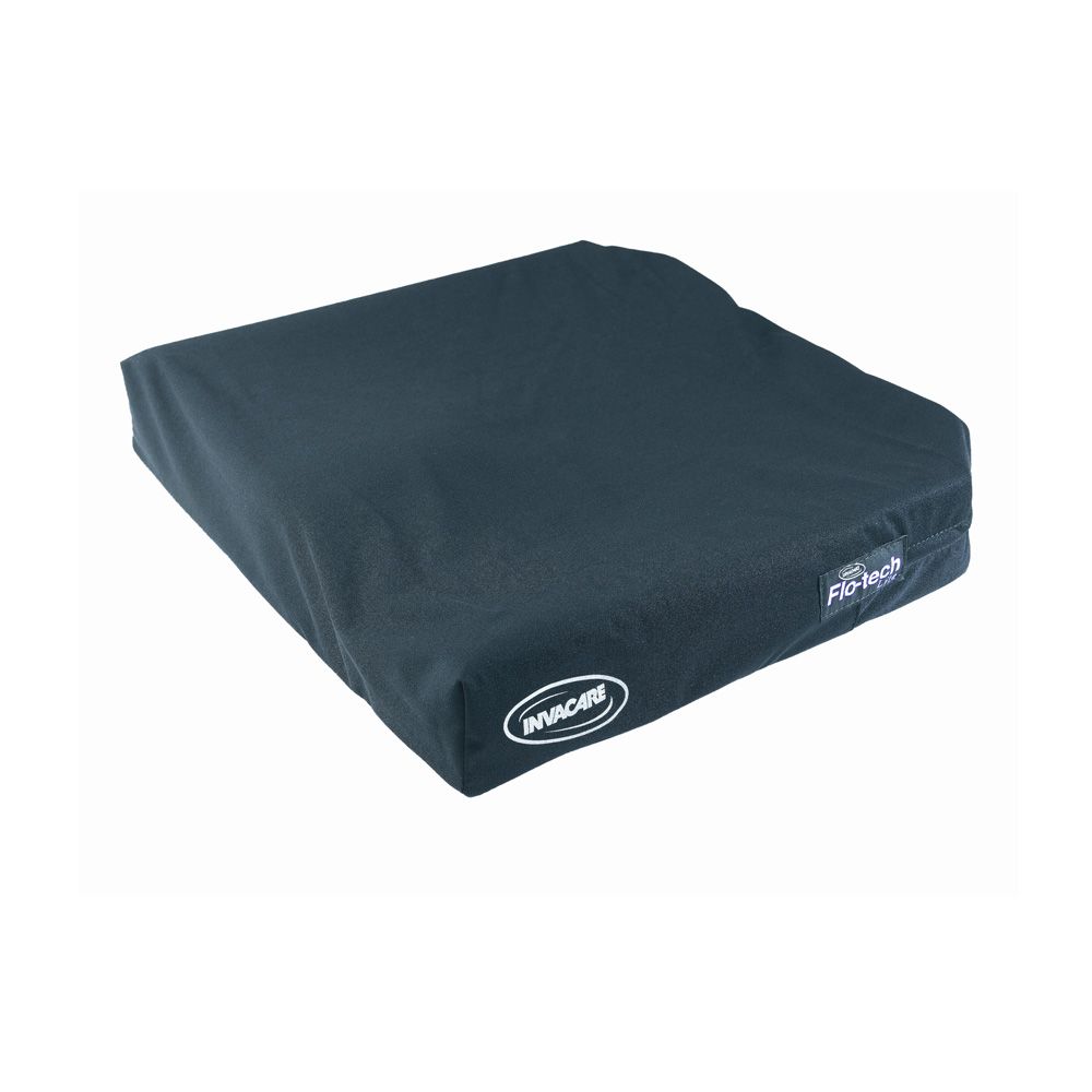 Dunkelgraues Kissen mit Invacare und Flo-tech Logo.