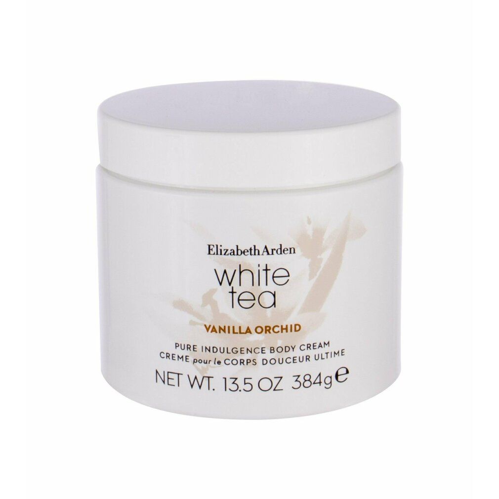 Weißer Tiegel mit Deckel. Aufschrift: Elizabeth Arden White Tea Vanilla Orchid Body Cream. Nettogewicht: 13,5 oz 384g.