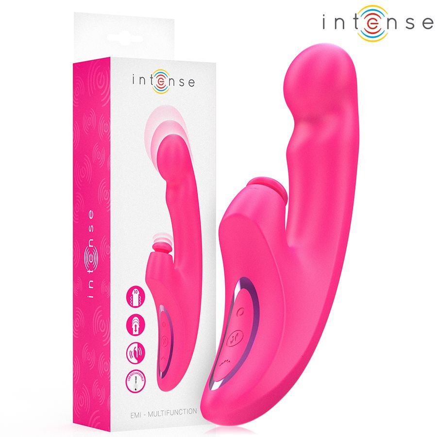 Pinkfarbener Vibrator mit Verpackung. Auf der Verpackung steht "Intense". Das Produkt hat eine geschwungene Form und Bedienknöpfe.