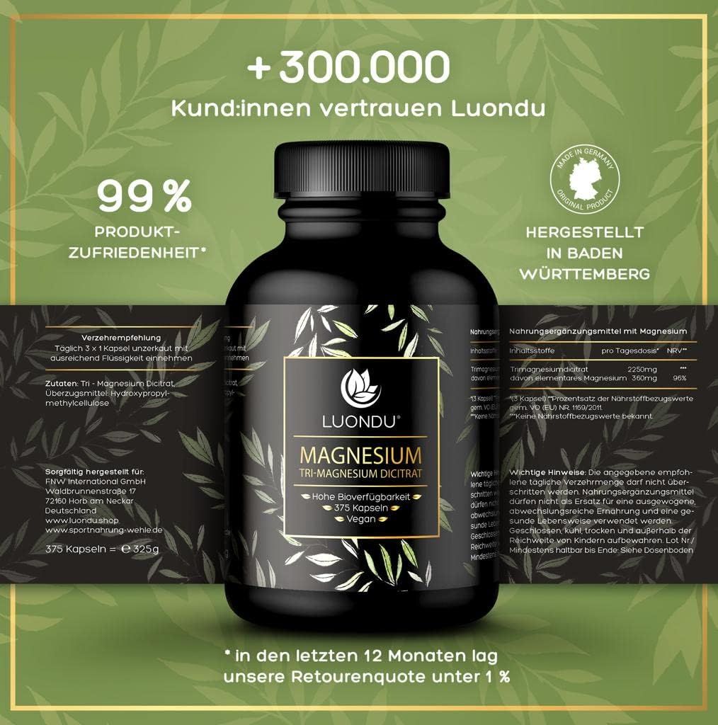 Magnesiumcitrat 375 Kapseln hochdosiert - 2250mg Magnesium pro Dosis* Luondu