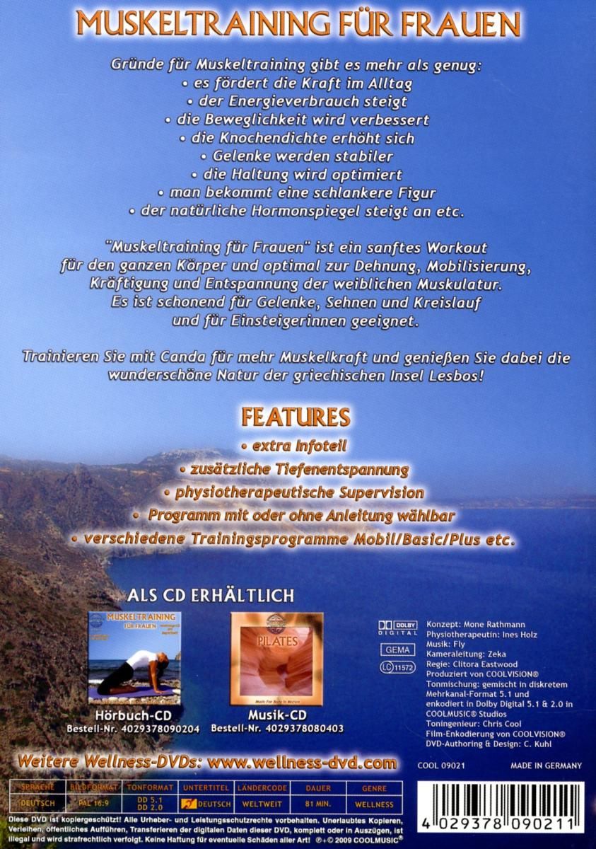 Rückseite der DVD "Muskeltraining für Frauen". Text, Logos, und Produktinformationen. "Wellness-DVD" Logo.
