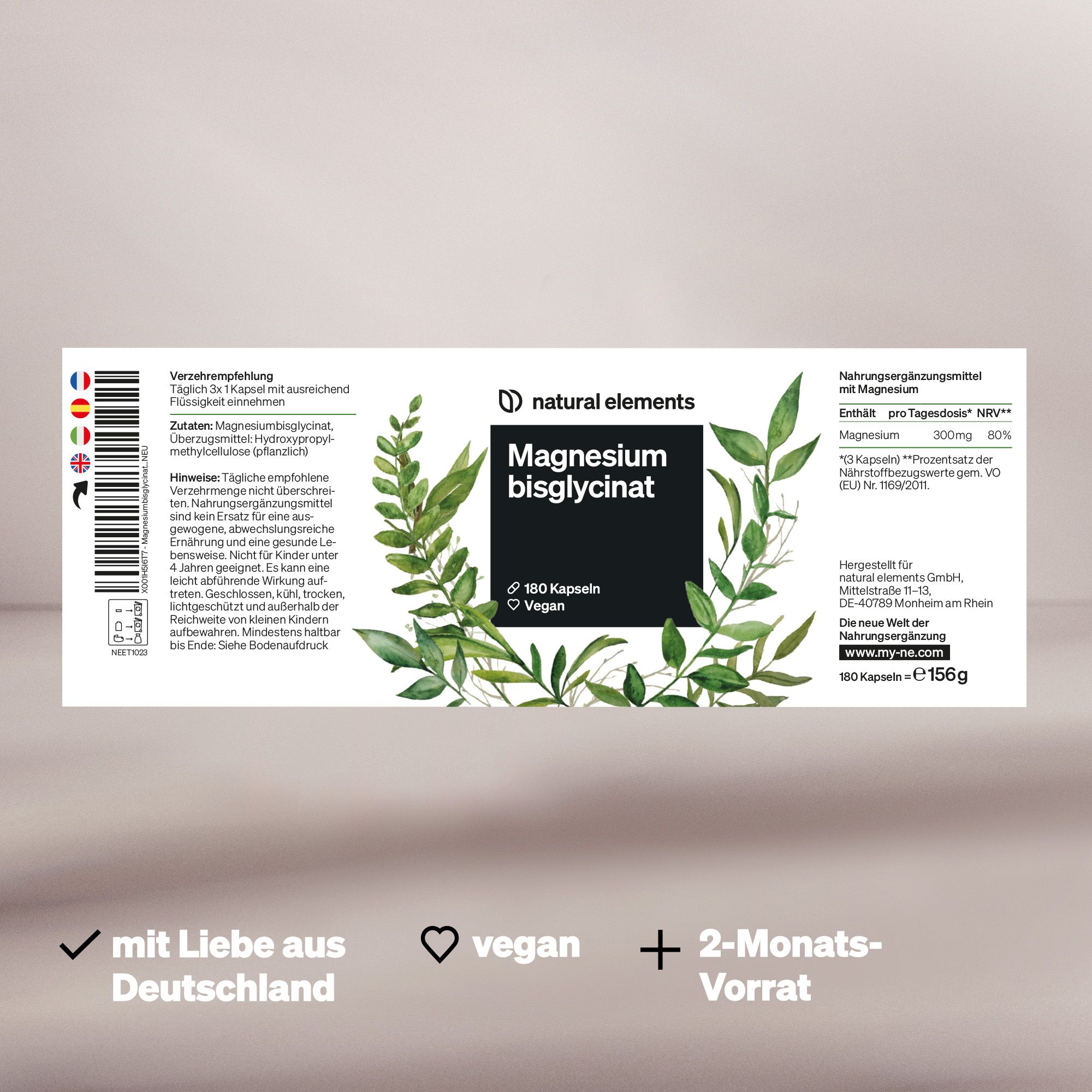 Produktetikett Magnesiumbisglycinat. Enthält 180 Kapseln. Vegan. 2-Monats-Vorrat.