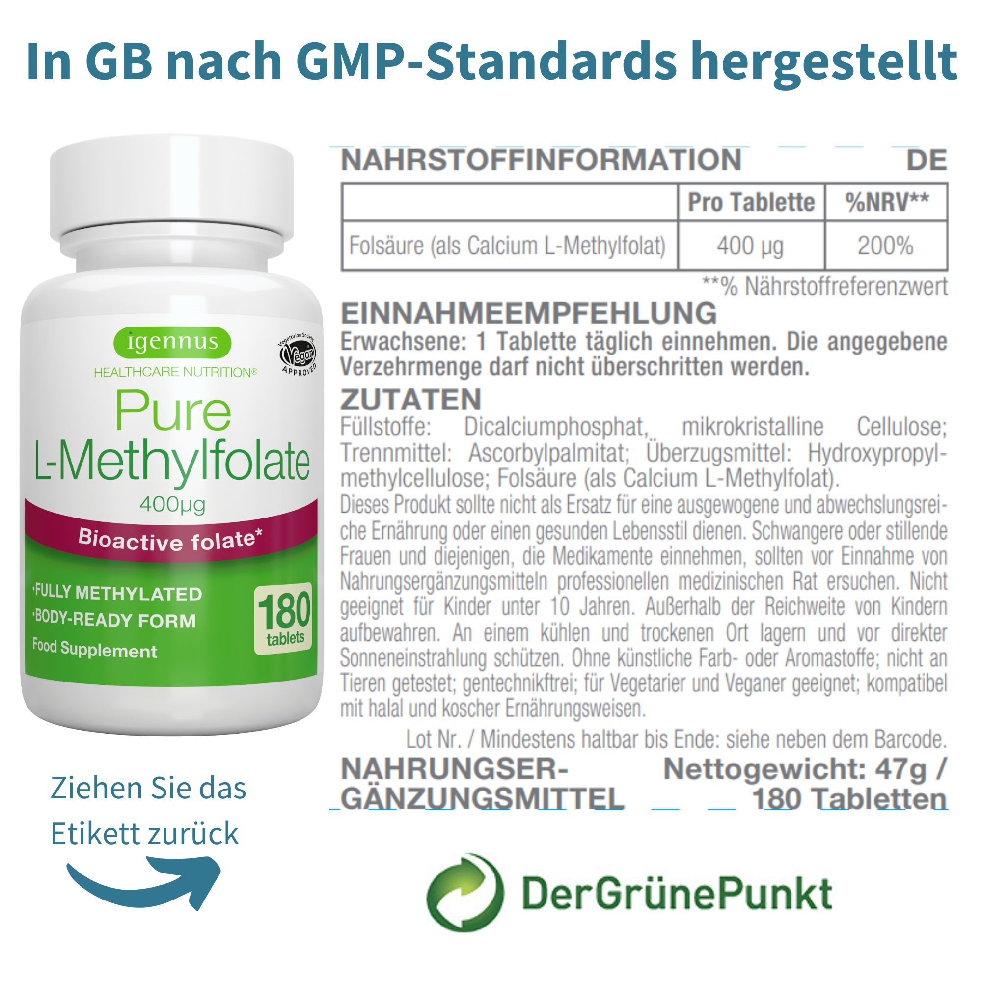 Rückseite einer Flasche Igennus Pure L-Methylfolate mit Nährwertangaben und Einnahmeempfehlung.