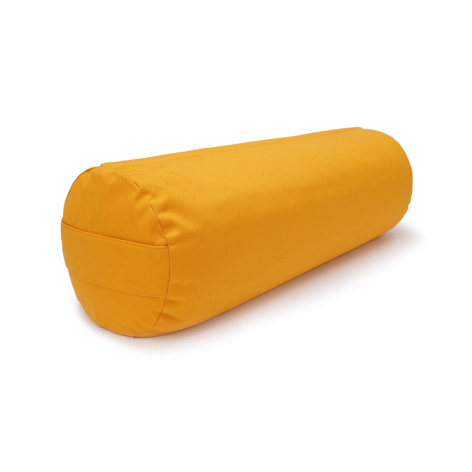 Gelber Yoga Bolster, zylindrische Form, mit Nähten an den Enden.