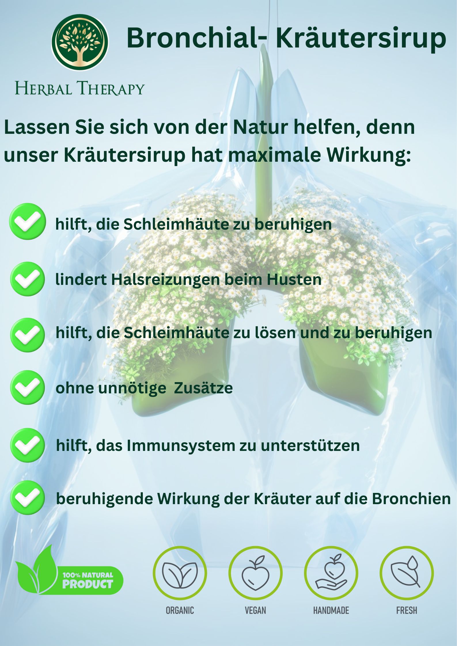 Werbeplakat mit Lunge und Kräutern. Herbal Therapy. Bronchial- Kräutersirup. Grüne Häkchen. Weißer Hintergrund.
