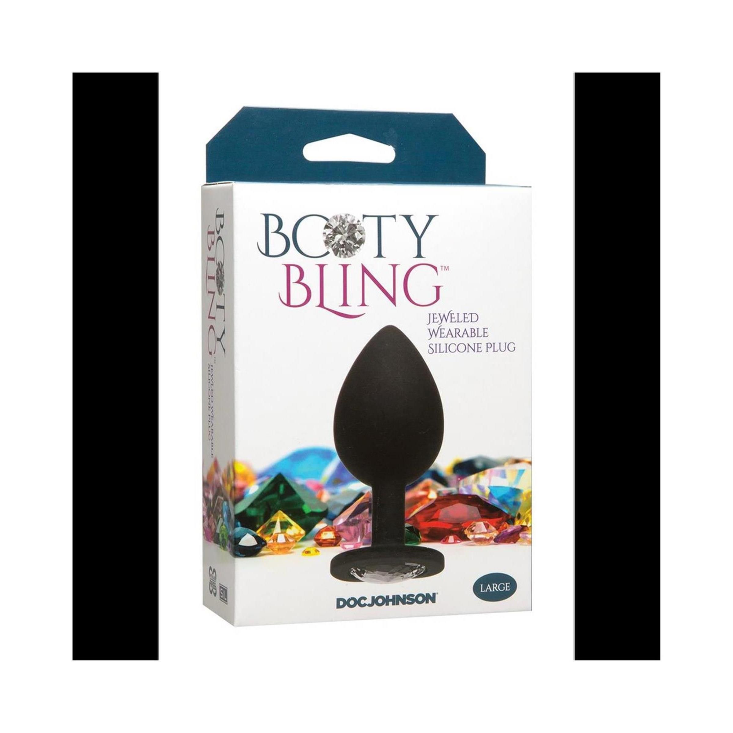 Verpackung von Booty Bling. Schwarzer, juwelenbesetzter, tragbarer Silikon-Plug. Marke Doc Johnson. Aufschrift: LARGE.