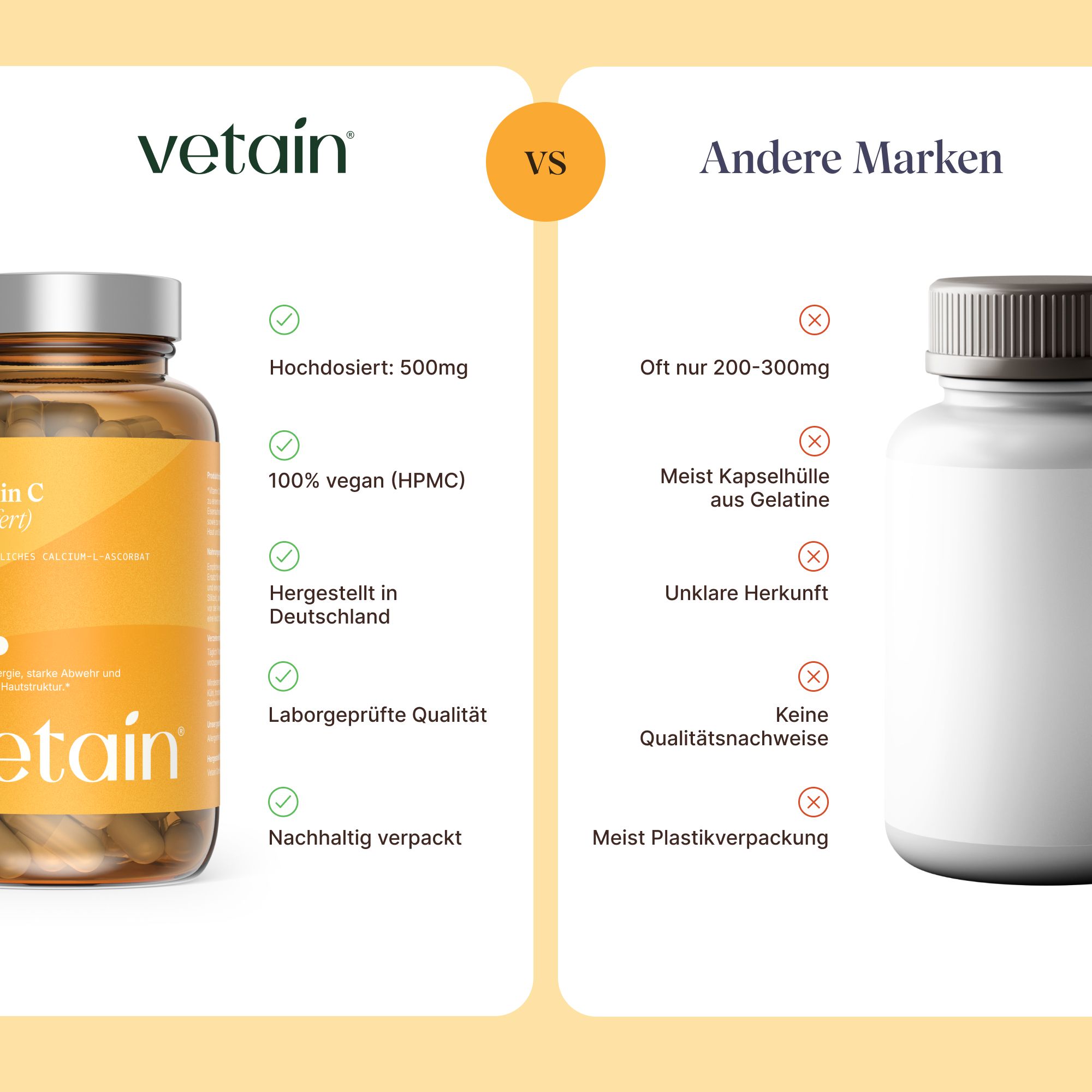 Vergleich VETAIN Vitamin C mit anderen Marken: Dosierung, vegan, Herkunft, Qualität, Verpackung.
