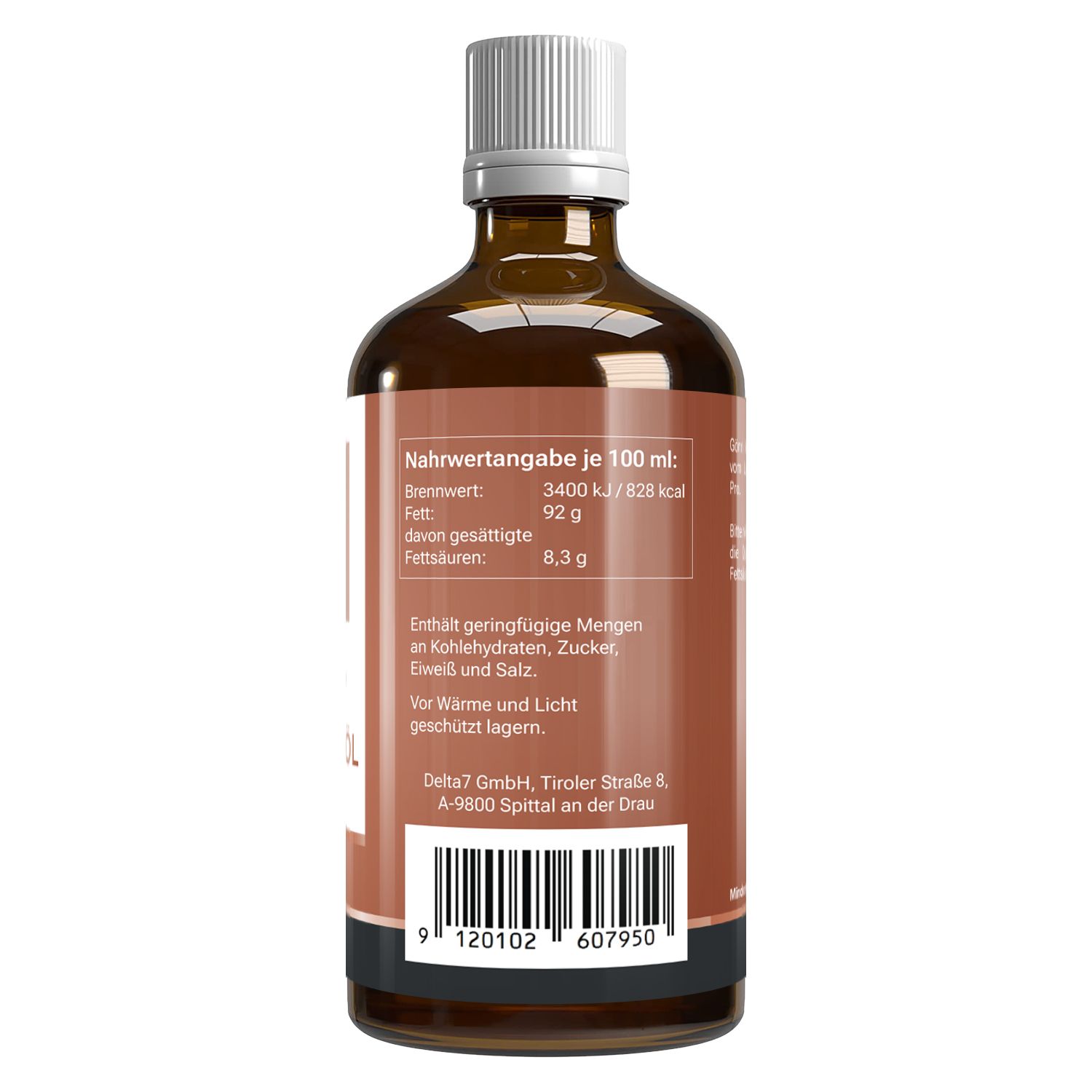 Rückseite einer braunen Glasflasche Leinsamenöl. Etikett mit Nährwertangaben und Barcode.