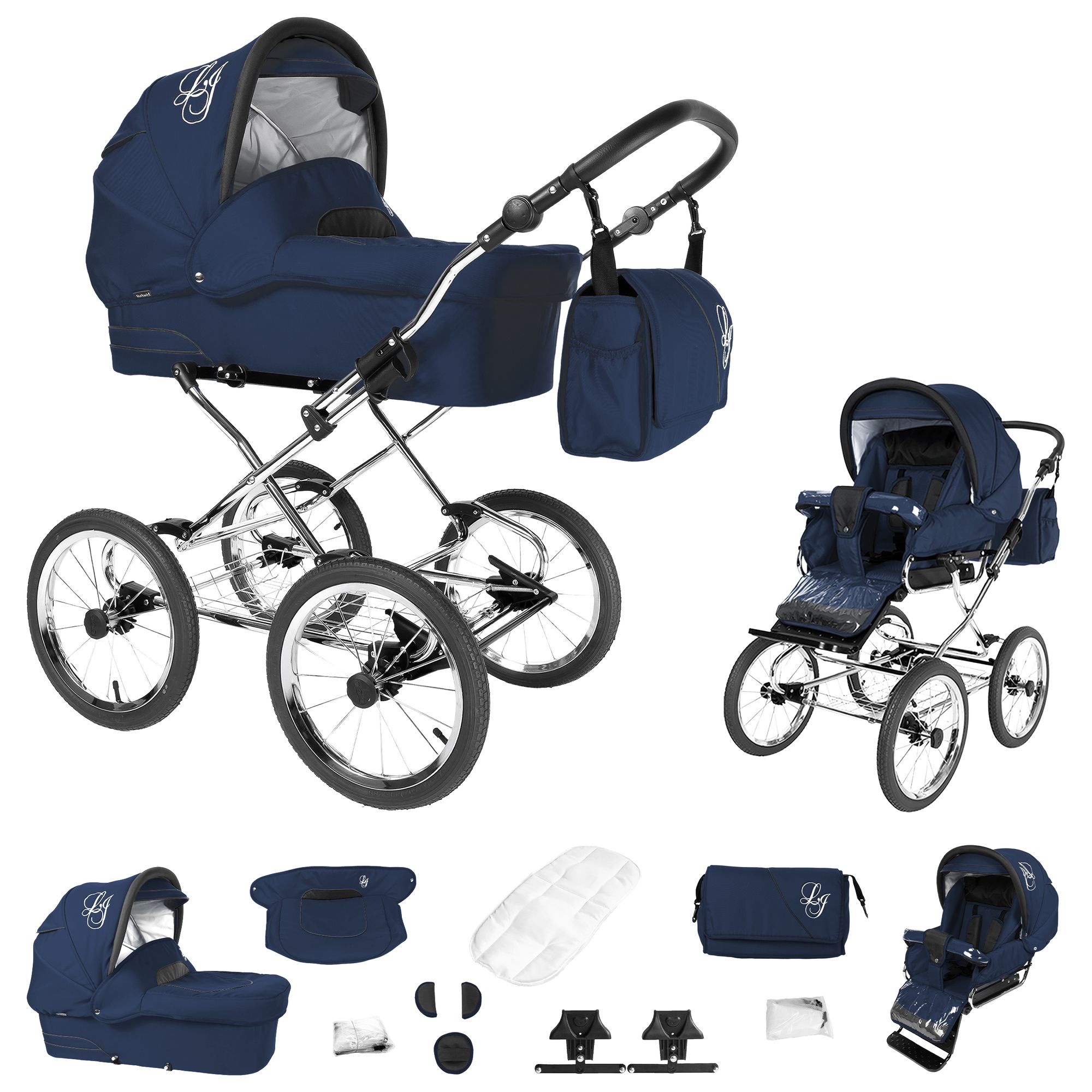 Blauer Kinderwagen mit silbernem Gestell, Tragetasche und Zubehör. Logo 'LG' auf der Tasche und Haube. Mehrere Ansichten.