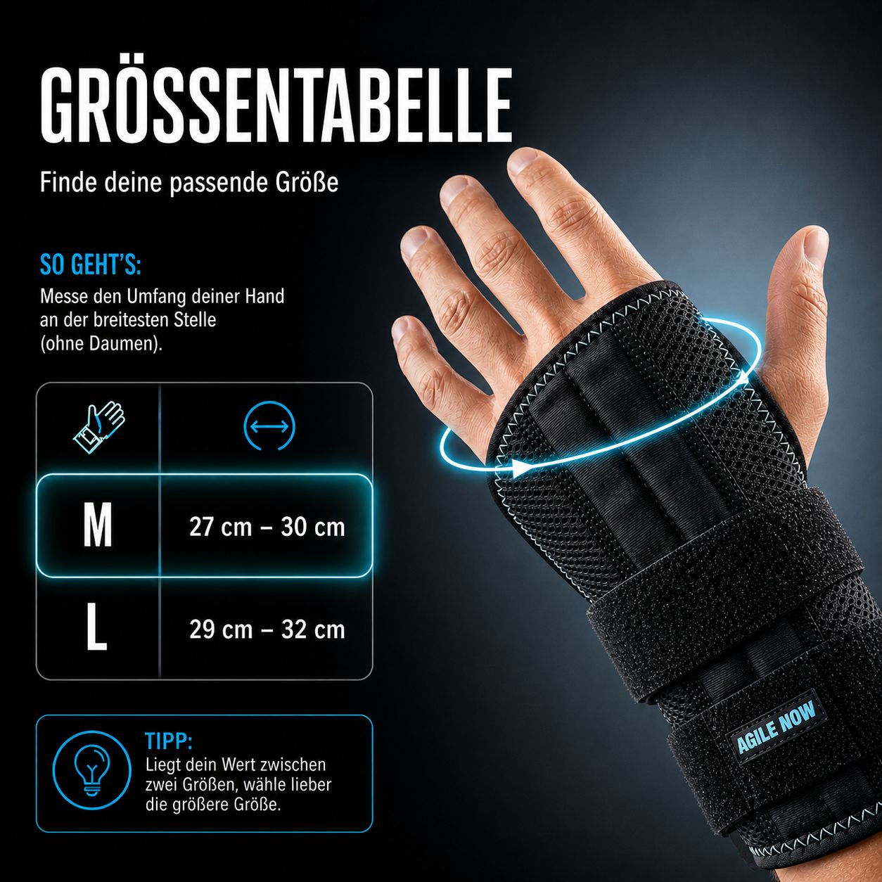 Handgelenkbandage. Größentabelle: M (27-30 cm), L (29-32 cm). Schwarze Bandage am Handgelenk. Text: Finde deine passende Größe.