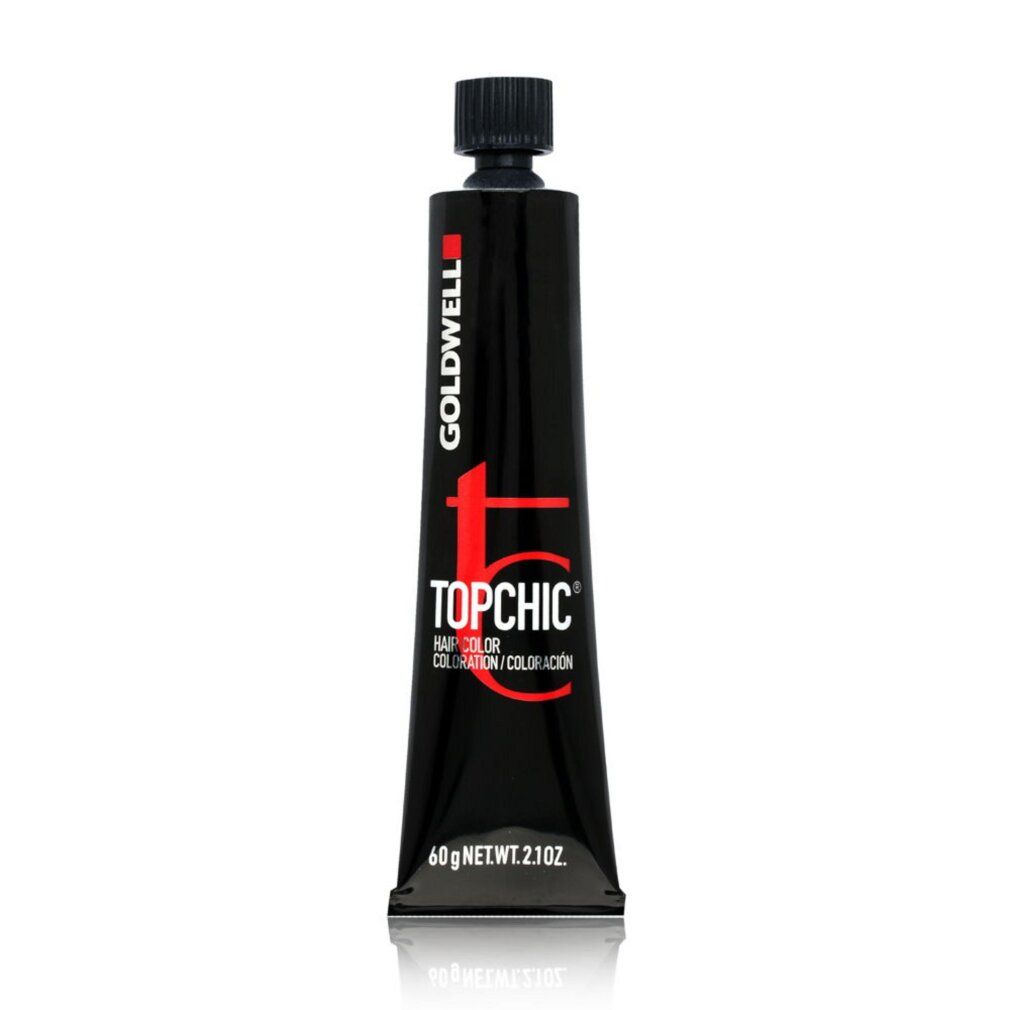 Schwarze Tube Goldwell Topchic Haarfarbe. Aufschrift: Topchic, 60g NET WT. 2.1OZ.