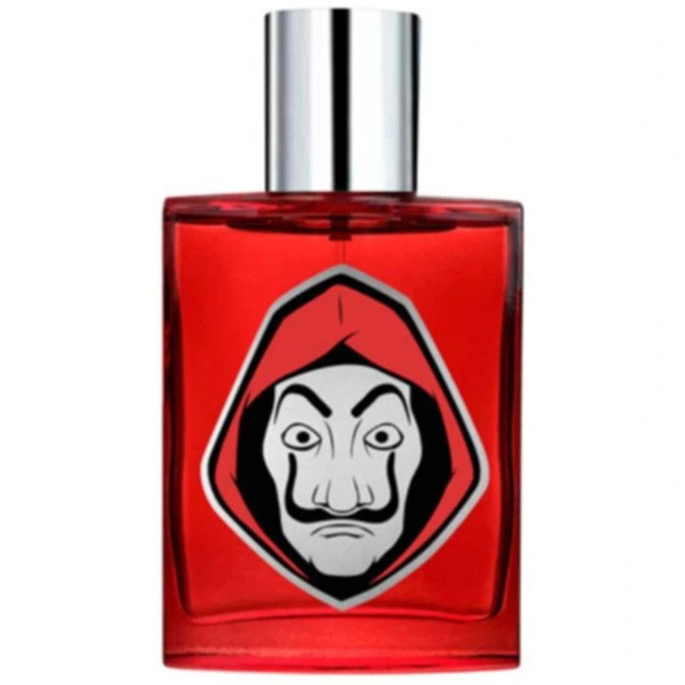 Rotes Eau de Toilette-Flakon mit silbernem Verschluss. Auf der Vorderseite ein weiß umrandetes Masken-Design.