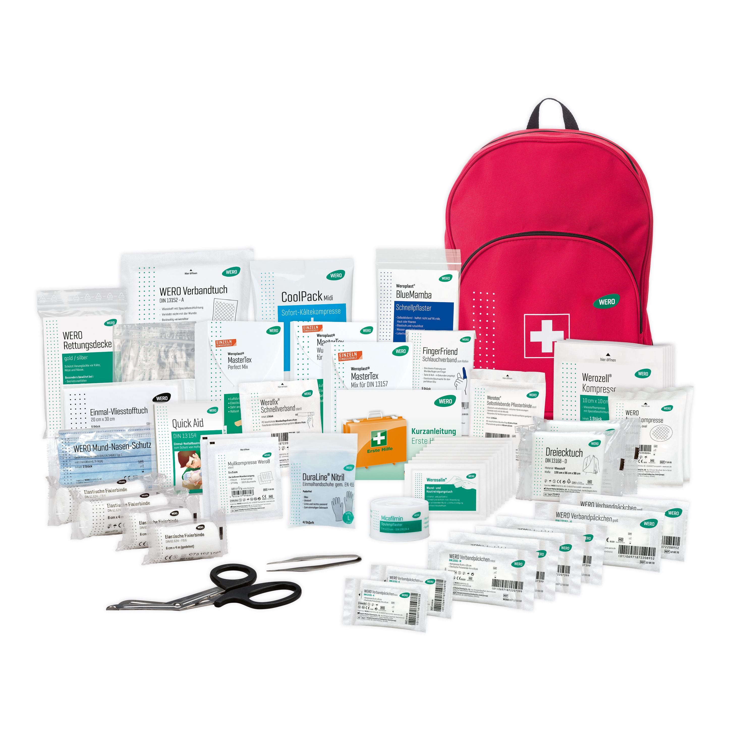 Roter Erste-Hilfe-Rucksack mit weißem Kreuz. Inhalt: Verbandsmaterial, Schere, Pinzette, Kühlpackungen und weitere medizinische Artikel.