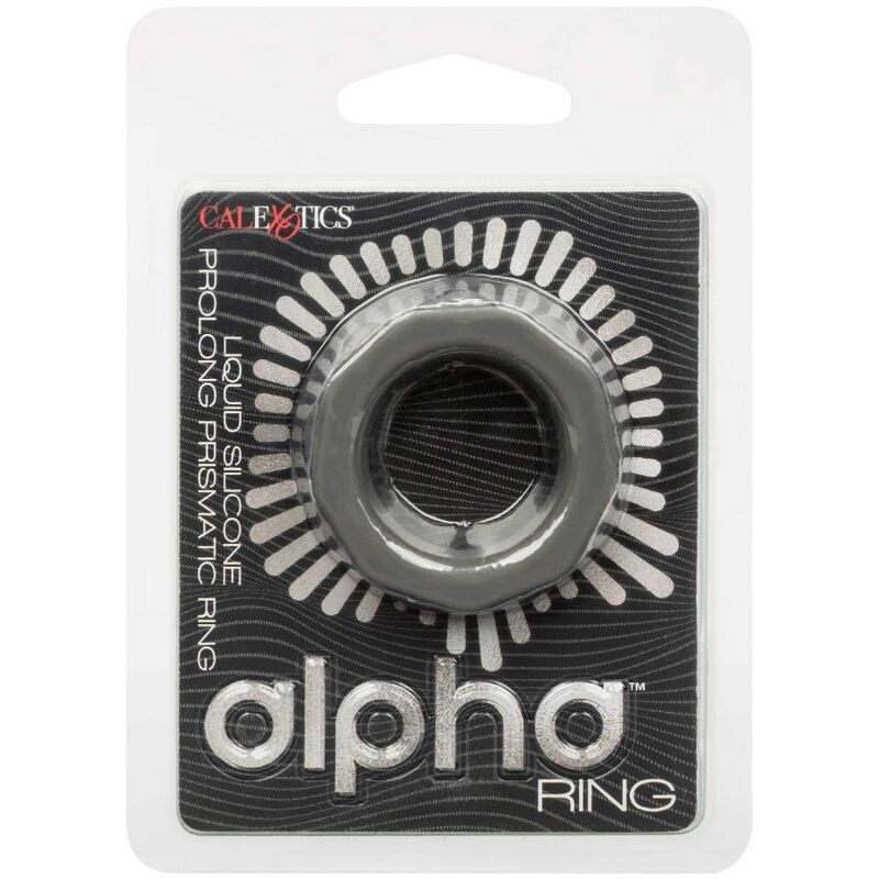 Verpackung mit grauem, prismatischem Ring. Marke CalExotics, Produktname Alpha Ring.