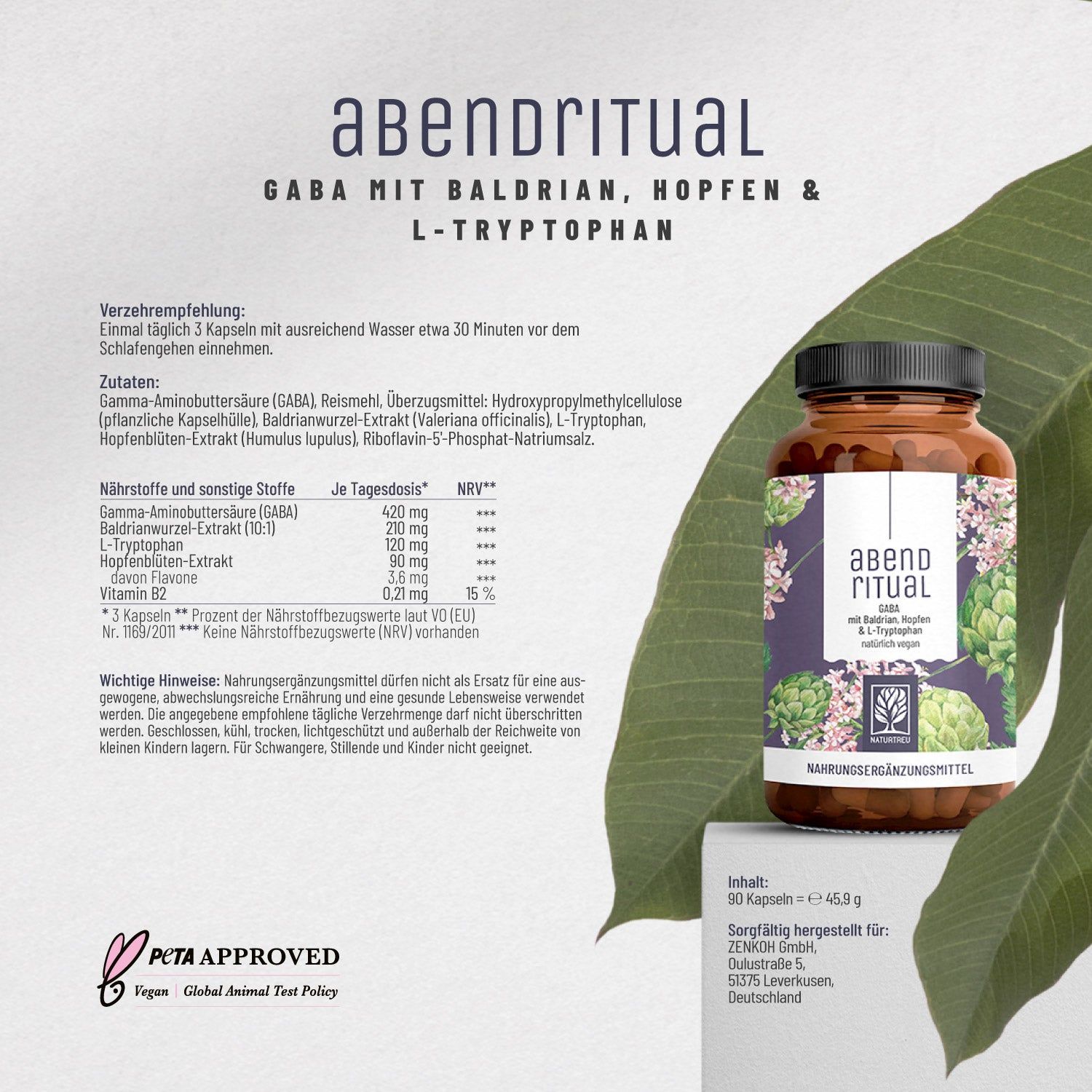 Produktflasche mit Text und PETA-Logo. Text: Abendritual GABA mit Baldrian, Hopfen & L-Tryptophan. Inhaltsstoffe, Dosierung. PETA Approved Vegan.