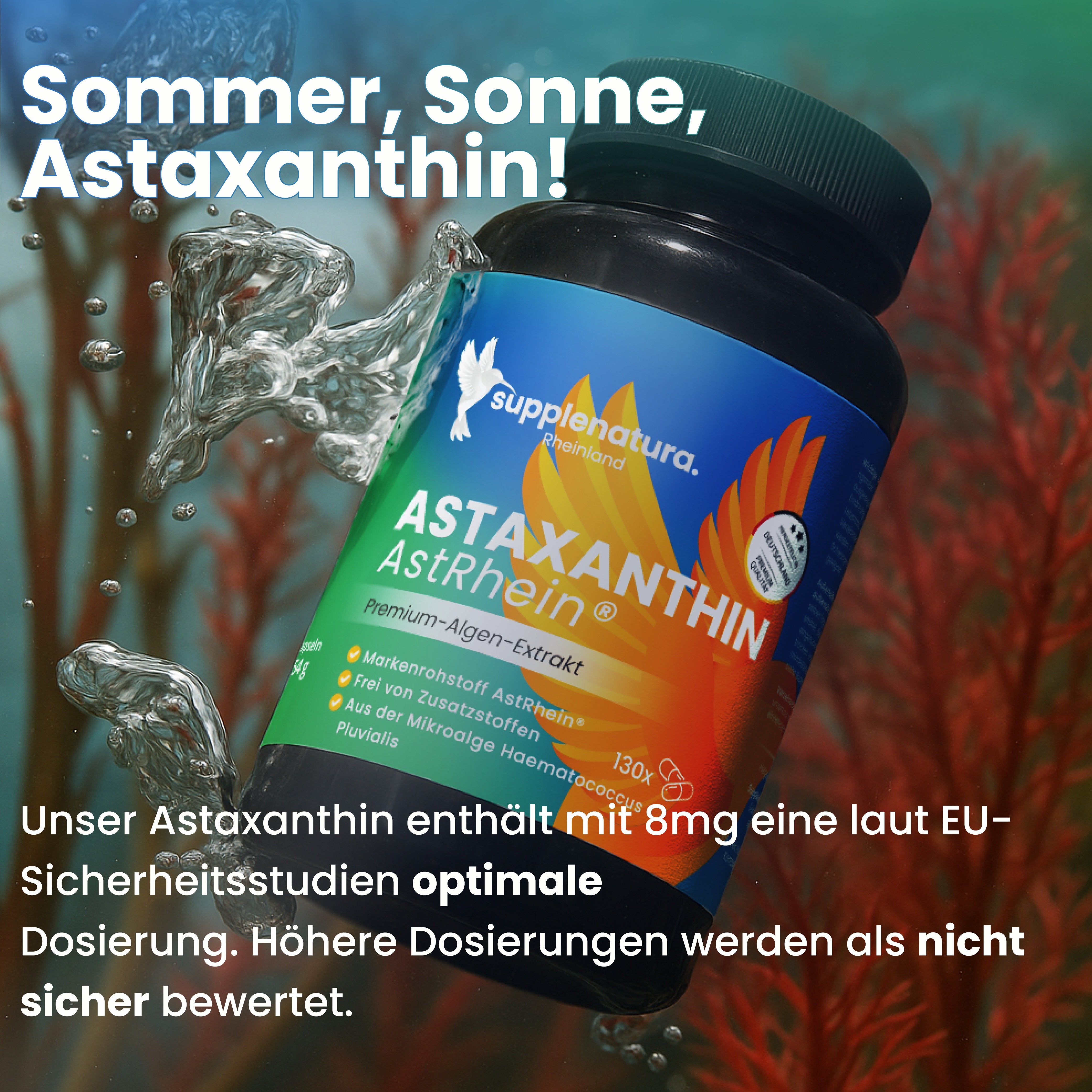 Produktflasche mit Astaxanthin AstRhein im Wasser. Text: supplenatura, Astaxanthin AstRhein, Premium-Algen-Extrakt. Enthält 8mg.