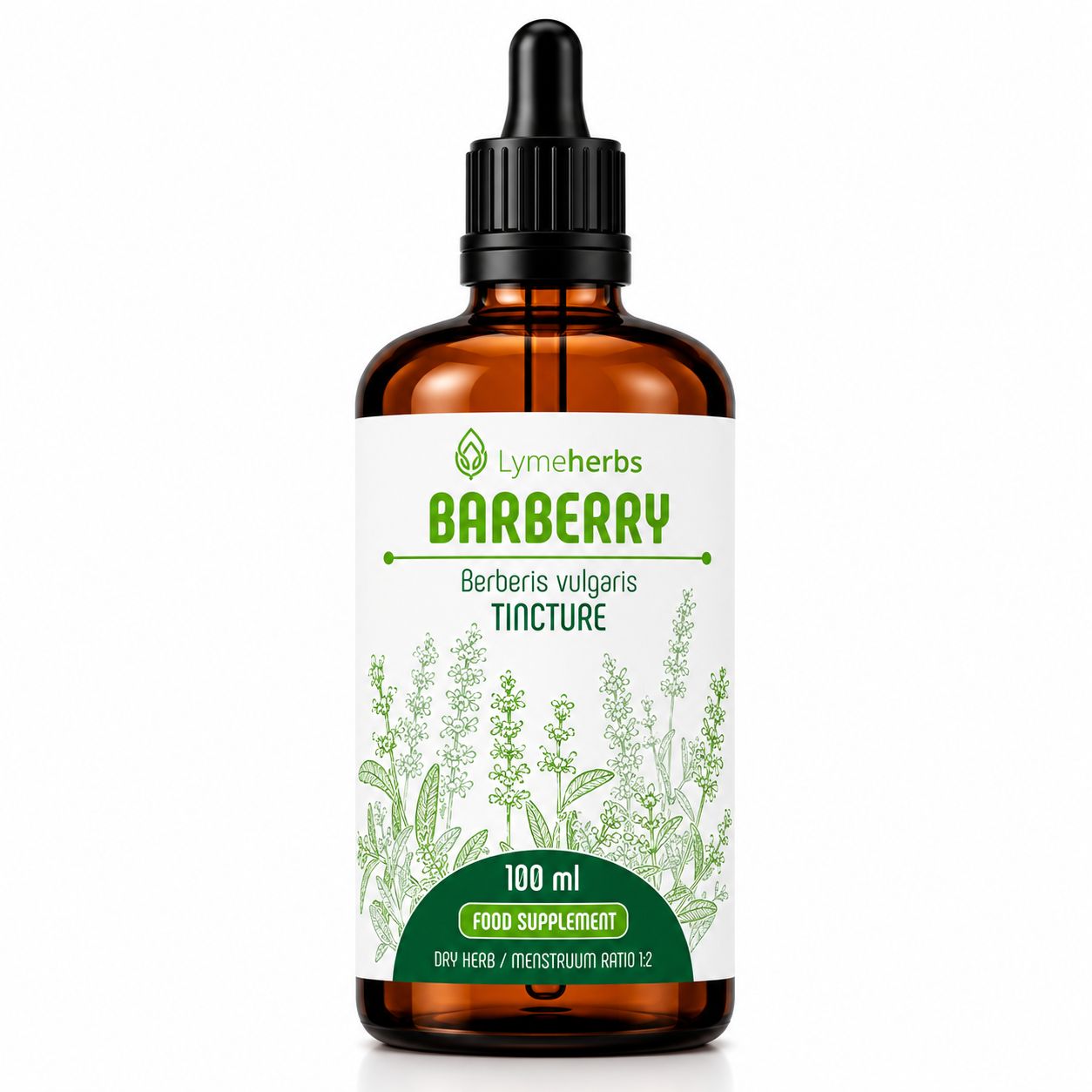 Braune Glasflasche mit Pipettenverschluss, Etikett mit "Lymeherbs BARBERRY" und pflanzlichen Illustrationen.
