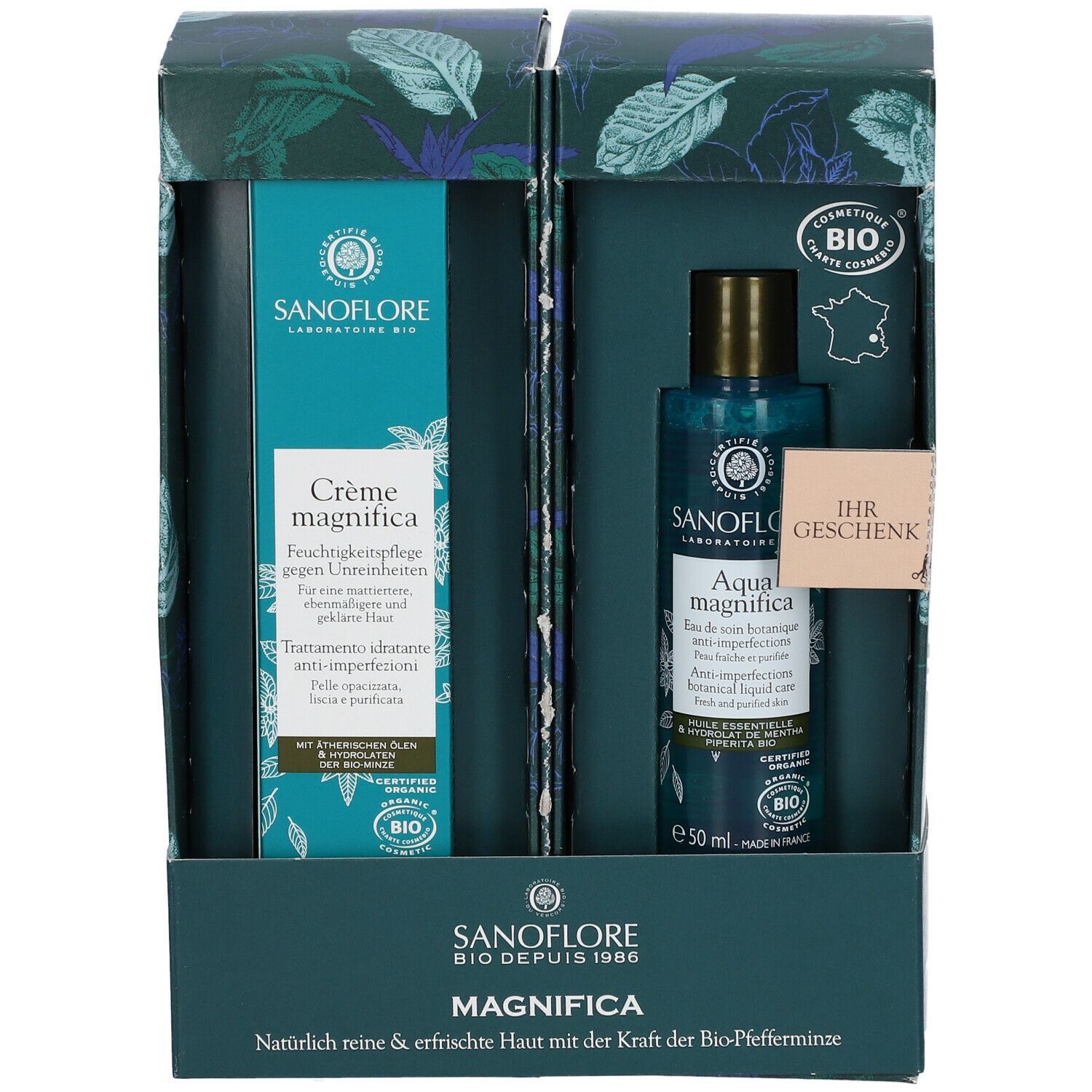Geschenkset mit zwei Produkten. Sanoflore-Logo und Magnifica-Schriftzug. Bio-Zertifizierung. Geschenk-Etikett.
