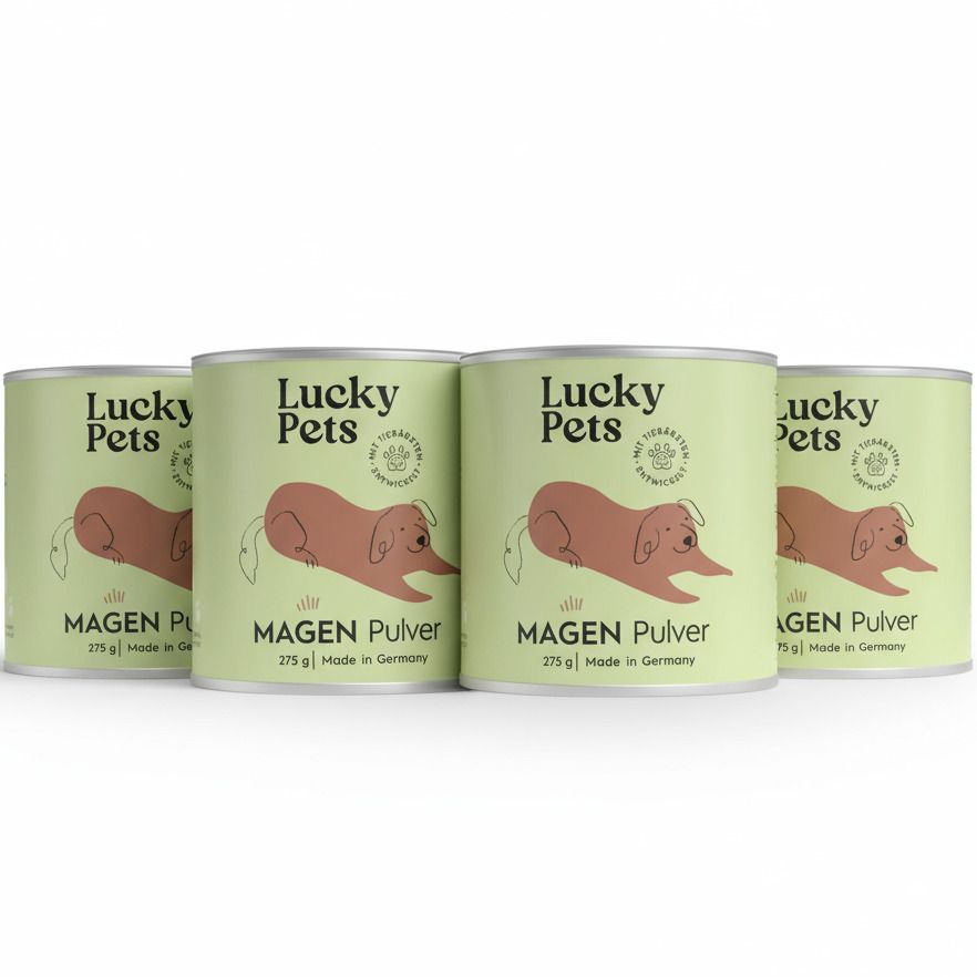 Mehrere Dosen des Produkts Lucky Pets Magenpulver. Aufschrift: Magen Pulver, 275 g, Made in Germany.