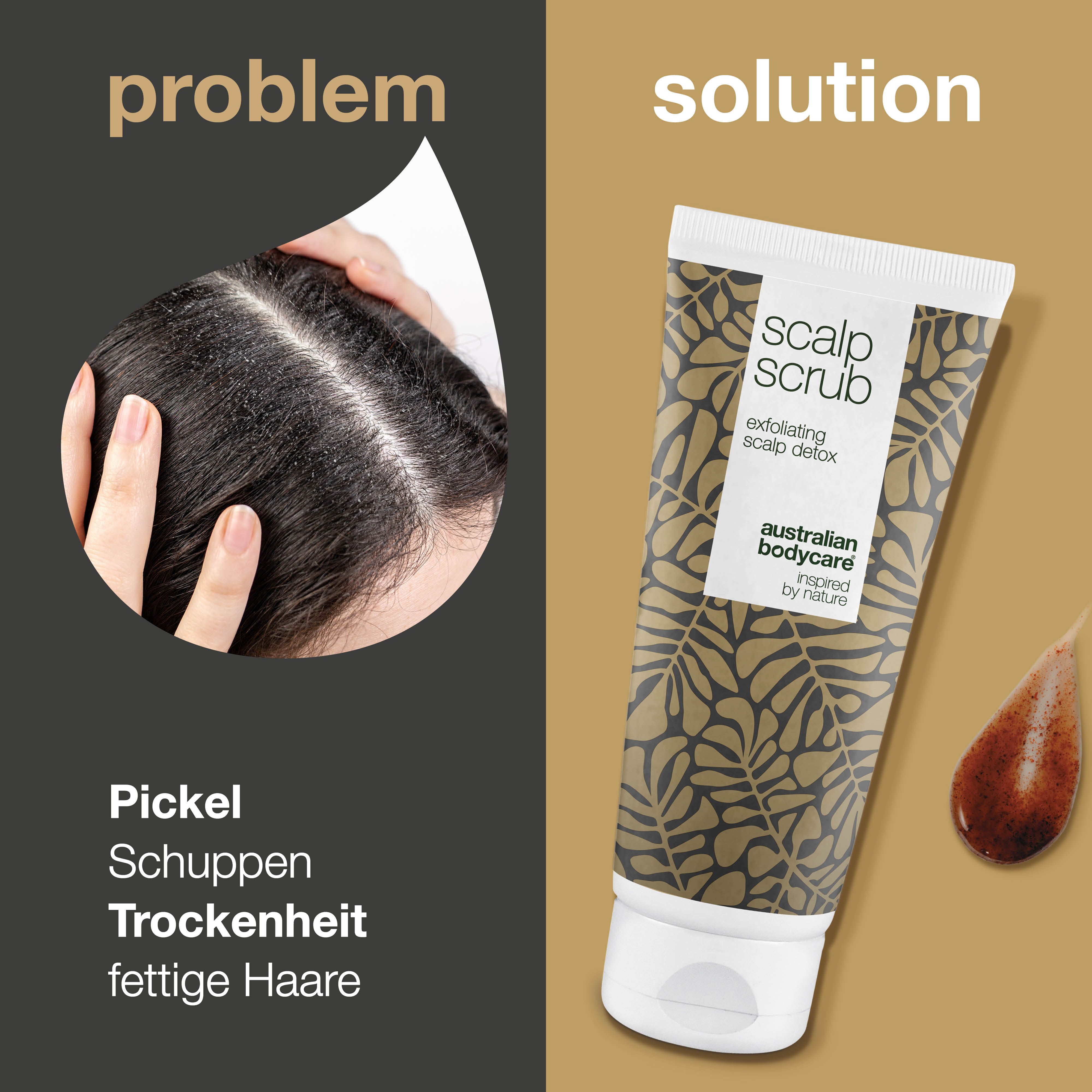 Produkt-Tube und Kopfhaut-Ansicht. Text: Problem/Solution. Probleme: Pickel, Schuppen, Trockenheit, fettige Haare.