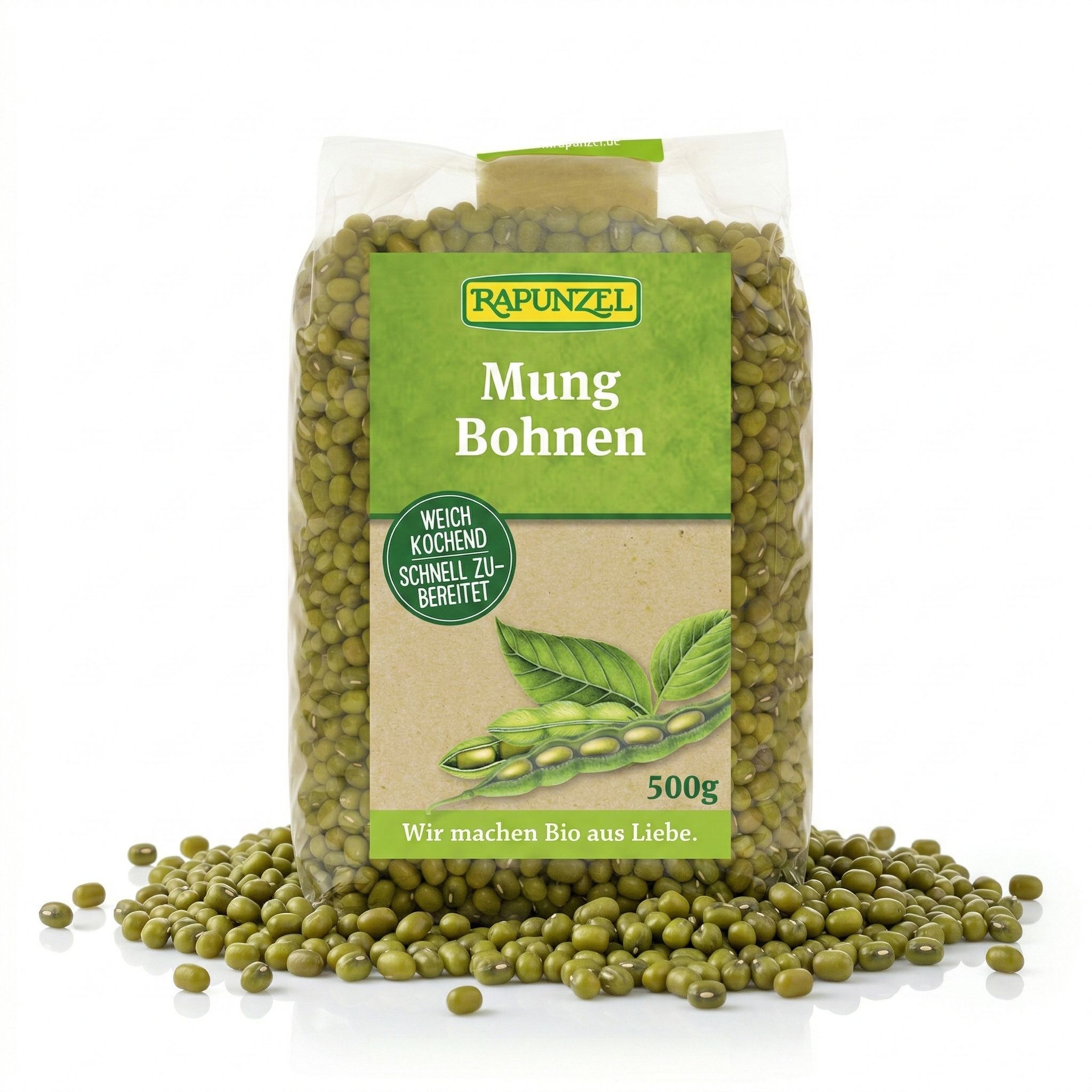 Rapunzel Mungbohnen 500g Beutel, umgeben von einzelnen Bohnen.