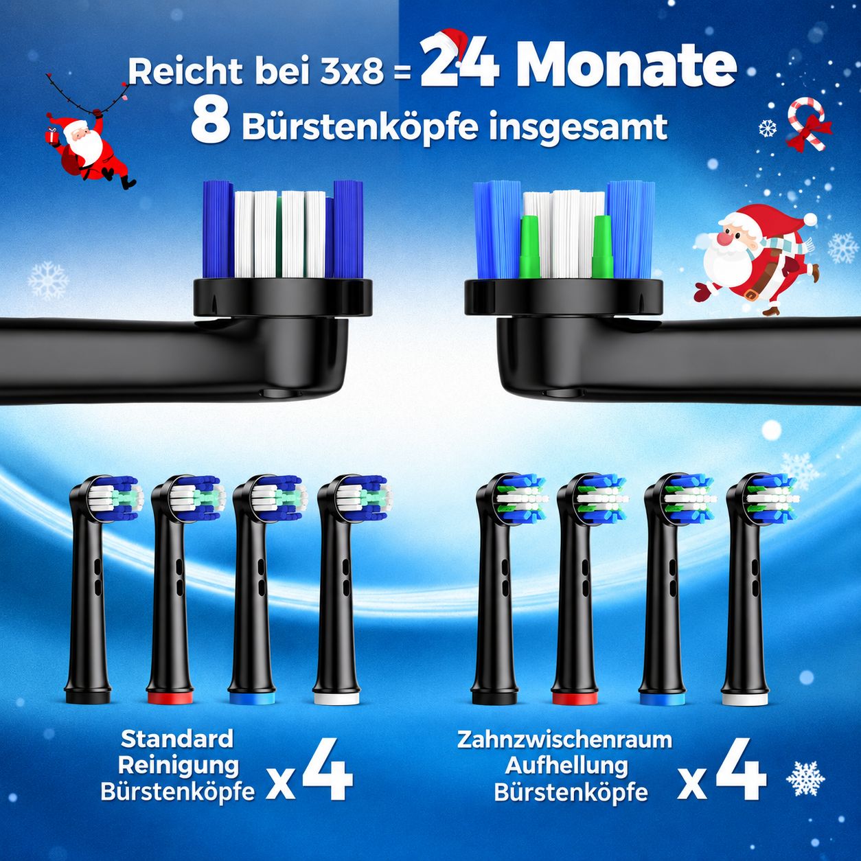 Elektrische Zahnbürste mit 6 Aufsteckbürsten, 2x Standard, 2x Aufhellung, 2x Tiefenreinigung.