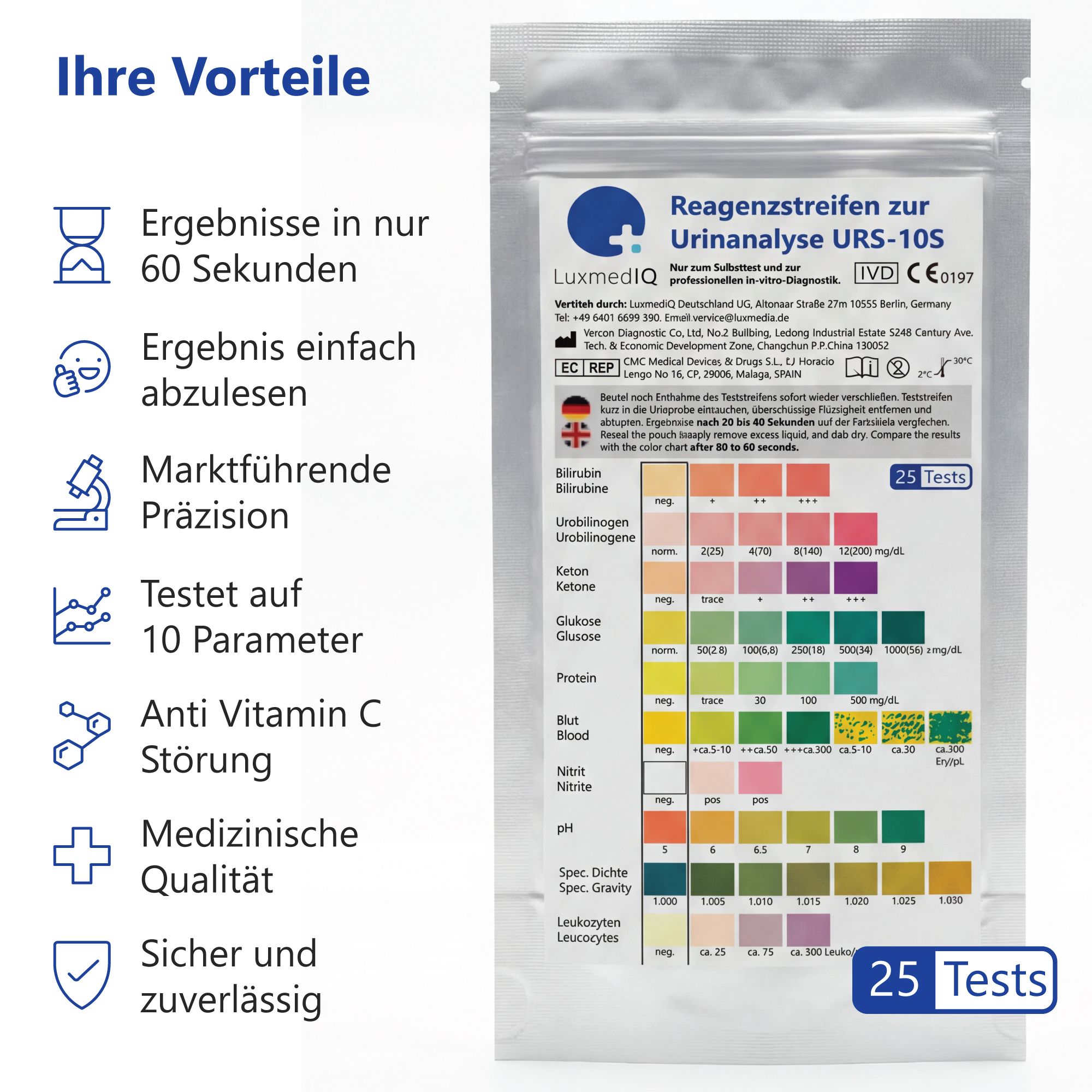 LuxmedIQ Urin Teststreifen für 10 Parameter - Gesundheitstest
