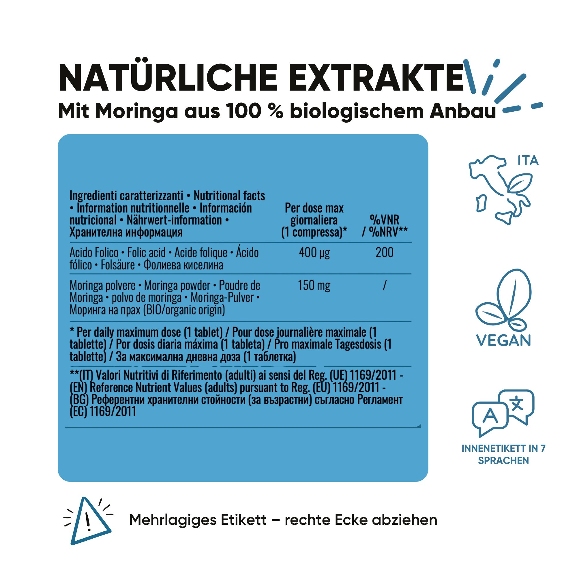 Nährwertangaben für Folsäure und Moringa. "Vegan", "Etikett in 7 Sprachen".