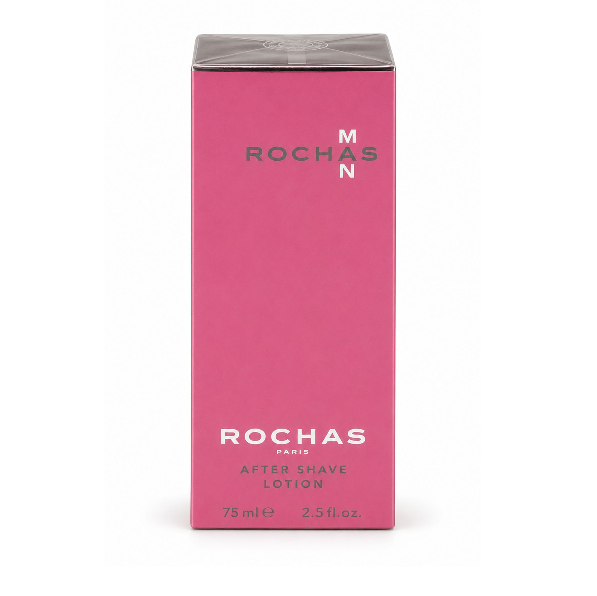 Rosa Verpackung mit silberner Schrift. Oben steht "ROCHAS MAN". Darunter "AFTER SHAVE LOTION" und "75 ml".