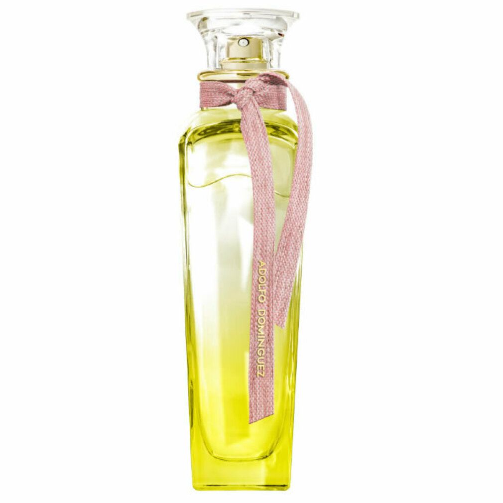 Parfümflakon mit gelblicher Flüssigkeit. Rosa Schleife mit Aufschrift Adolfo Dominguez. Klarer Glasverschluss.