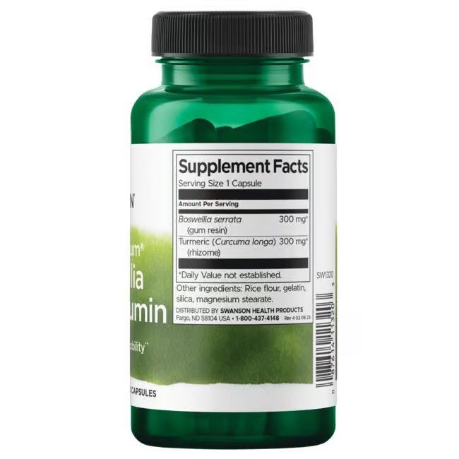 Rückseite einer grünen Flasche mit schwarzem Deckel. Aufschrift: Supplement Facts. Enthält Boswellia serrata und Curcuma longa.