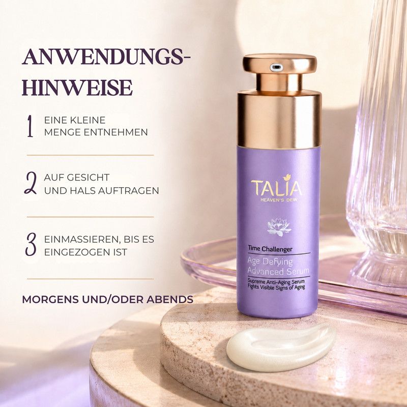 Lila Serumflasche "Talia Heaven's Dew Time Challenger" mit Pumpspender.