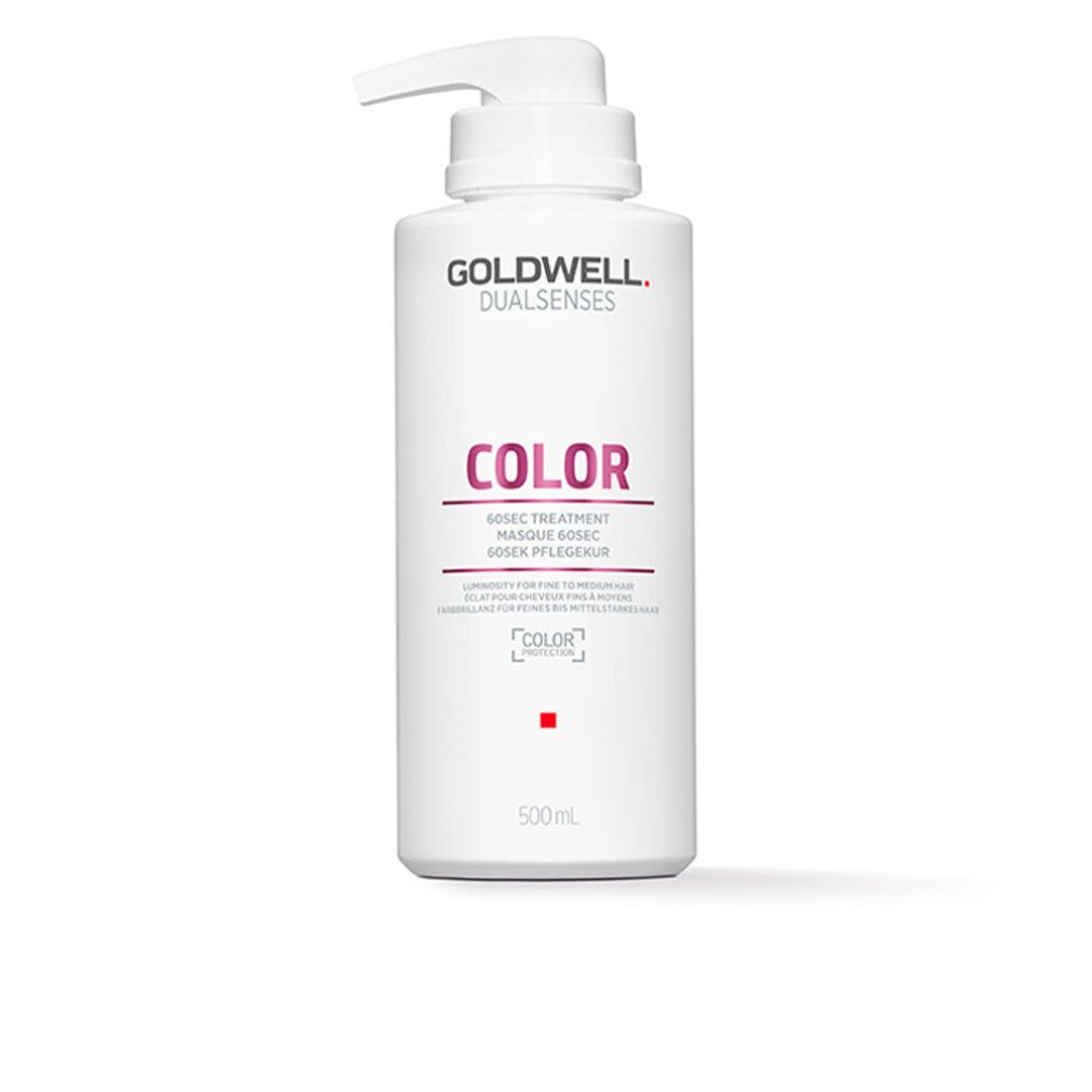 Goldwell Dualsenses Color Flasche mit Pumpverschluss. Weißes Behältnis mit Produktbezeichnung und rotem Quadrat.