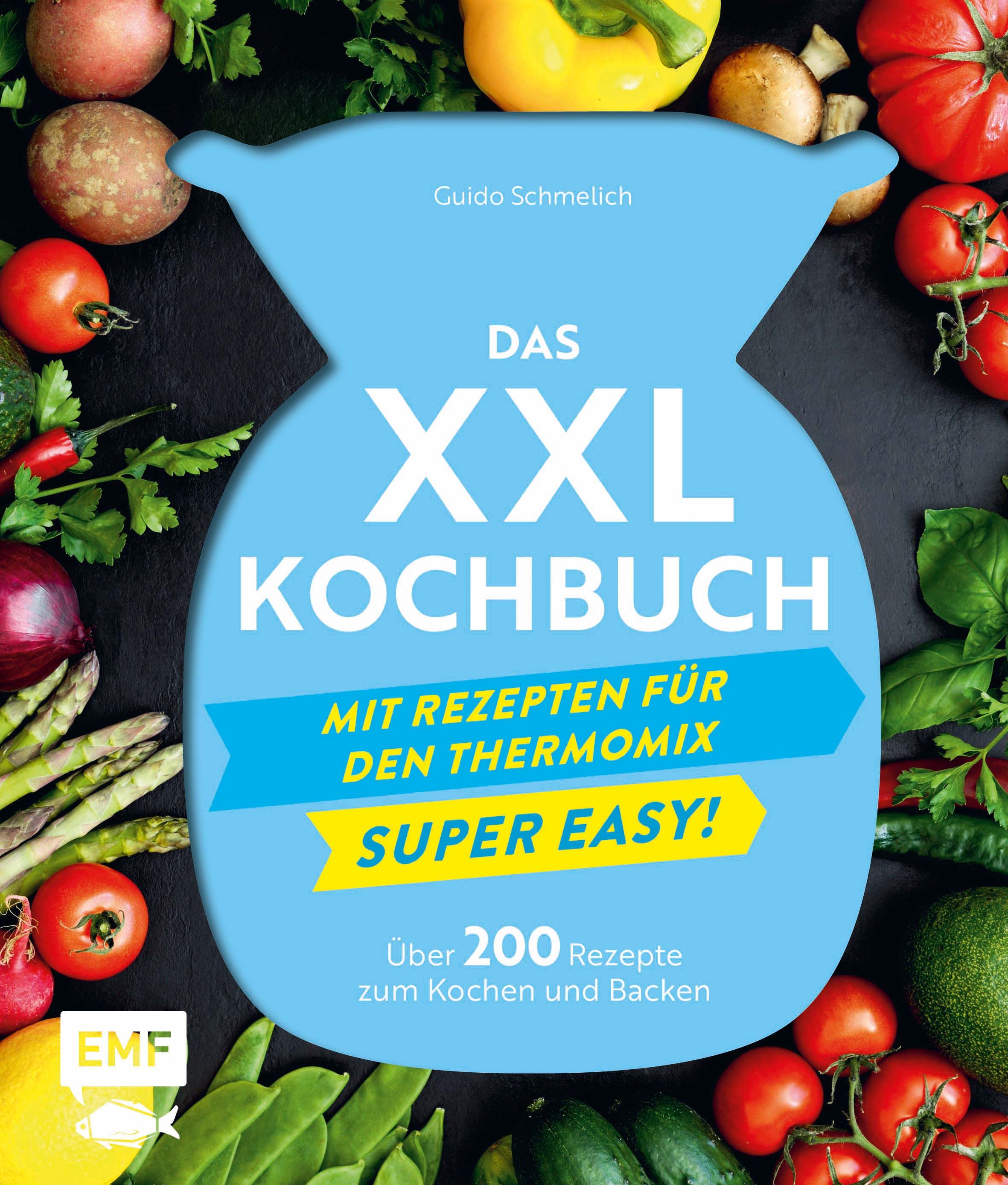 Kochbuch mit blauem Hintergrund, Titel: Das XXL Kochbuch, Untertitel: Mit Rezepten für den Thermomix, Super Easy! Über 200 Rezepte.