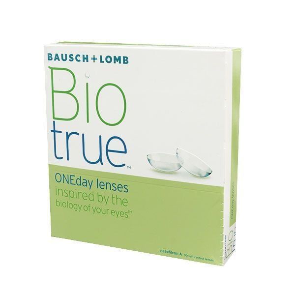 Verpackung von Bausch + Lomb Biotrue ONEday Kontaktlinsen. Weiß mit grünem Akzent. Kontaktlinsen abgebildet.