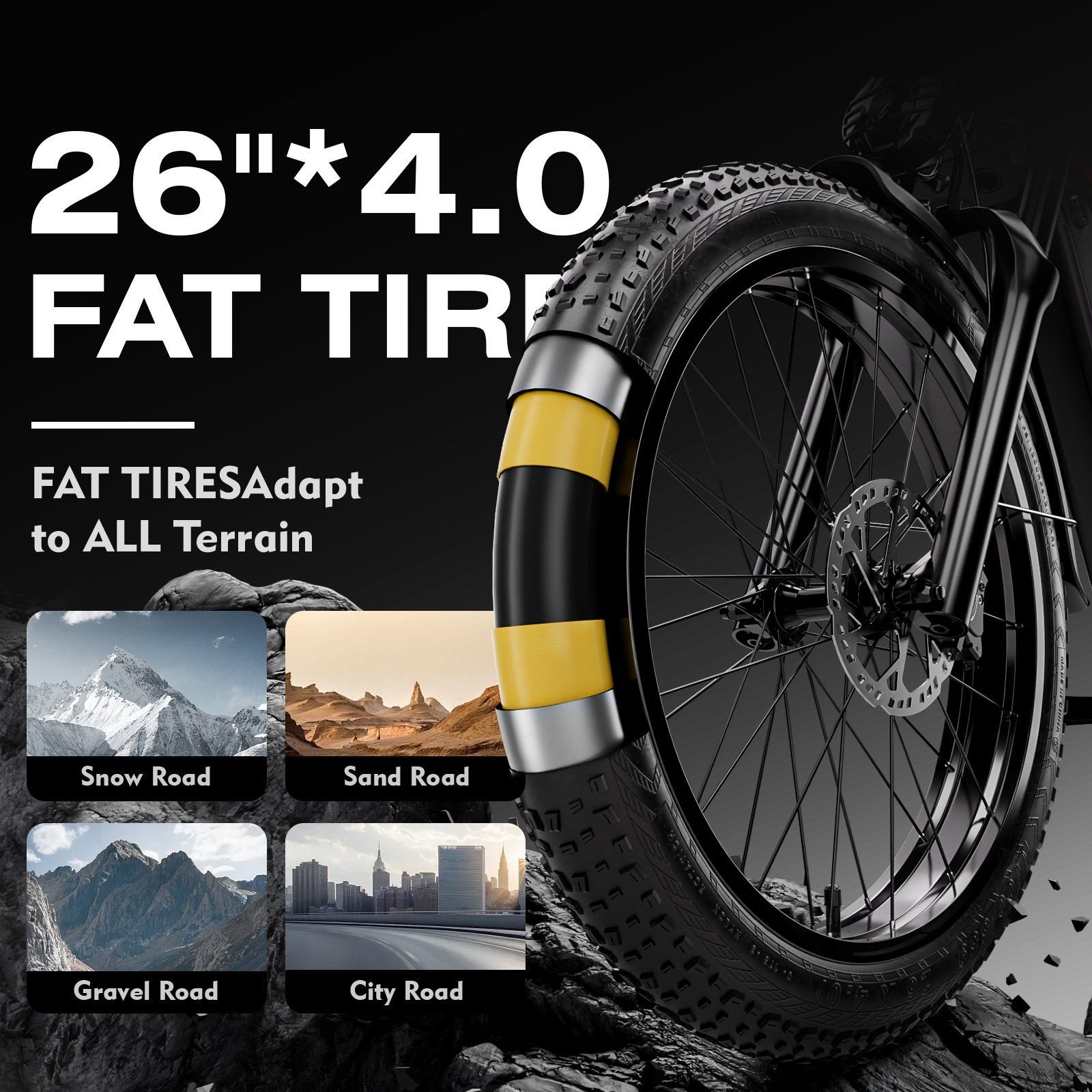 Nahaufnahme eines Reifens. 26"x4.0 Fat Tire. Geeignet für Schnee, Sand, Schotter und Stadt.