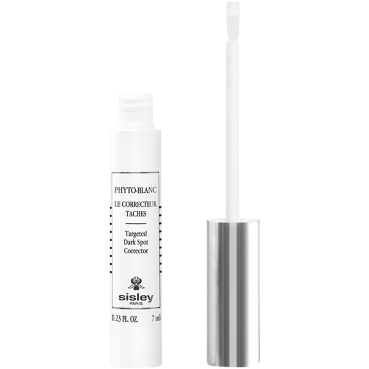 Weißer Stift mit silberner Kappe und Applikator. Text: PHYTO-BLANC, LE CORRECTEUR TACHES, Targeted Dark Spot Corrector. Marke: Sisley Paris.