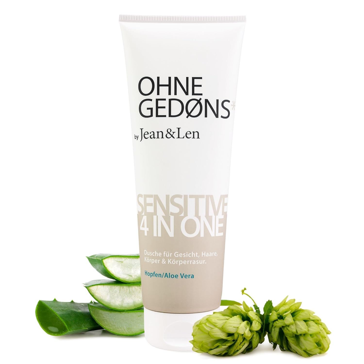 Weiße Tube mit Aufschrift OHNE GEDØNS by Jean & Len, Sensitive 4 in 1. Aloe Vera und Hopfen-Dekoration.