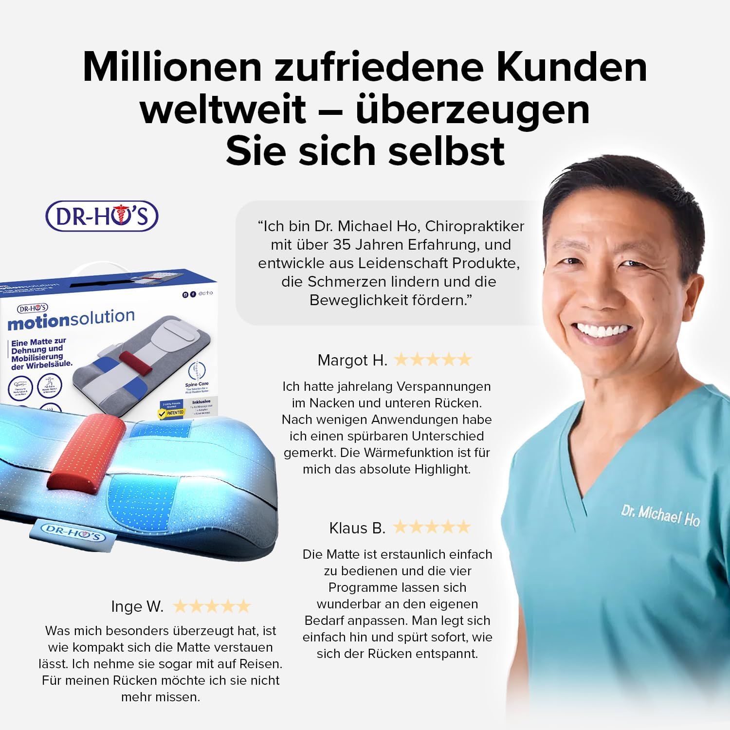 Produktverpackung und Matte. Zitate von Kunden. Text: DR-HO'S MotionSolution. Bild von Dr. Michael Ho.