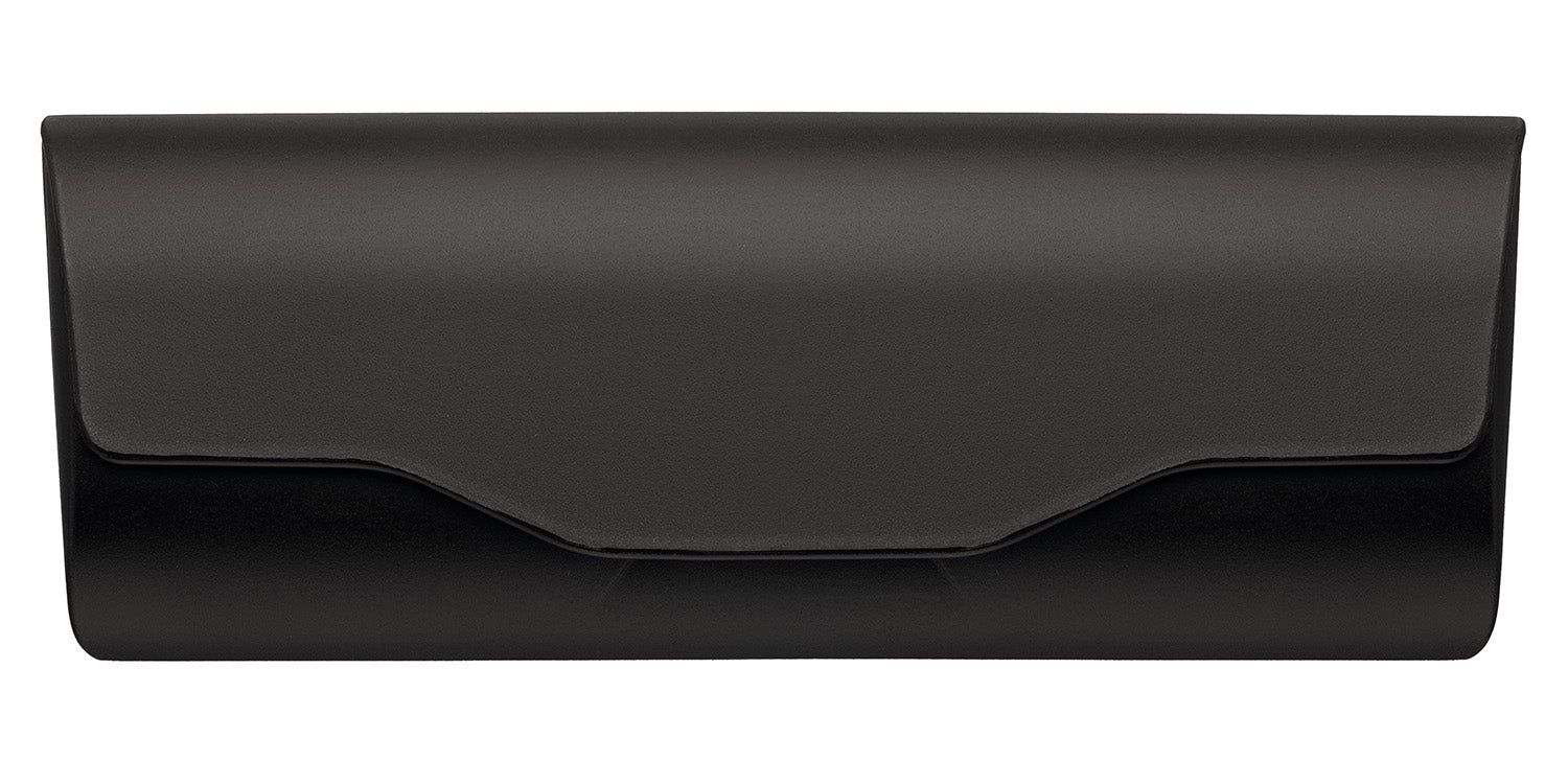 Schwarzes Kunststoff-Etui. Rechteckige Form mit abgerundeten Kanten. Glänzende Oberfläche.