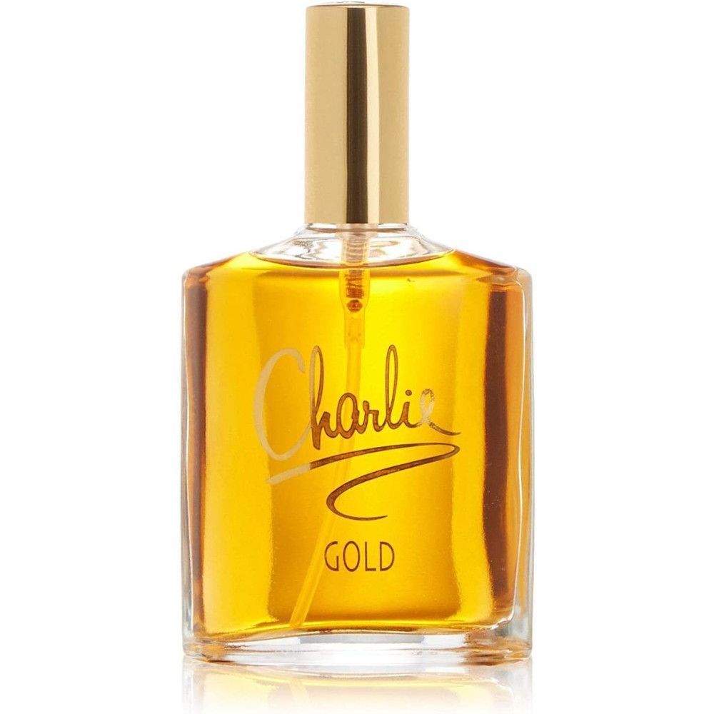 Goldfarbener Flakon. Aufschrift "Charlie Gold". Eau de Toilette.
