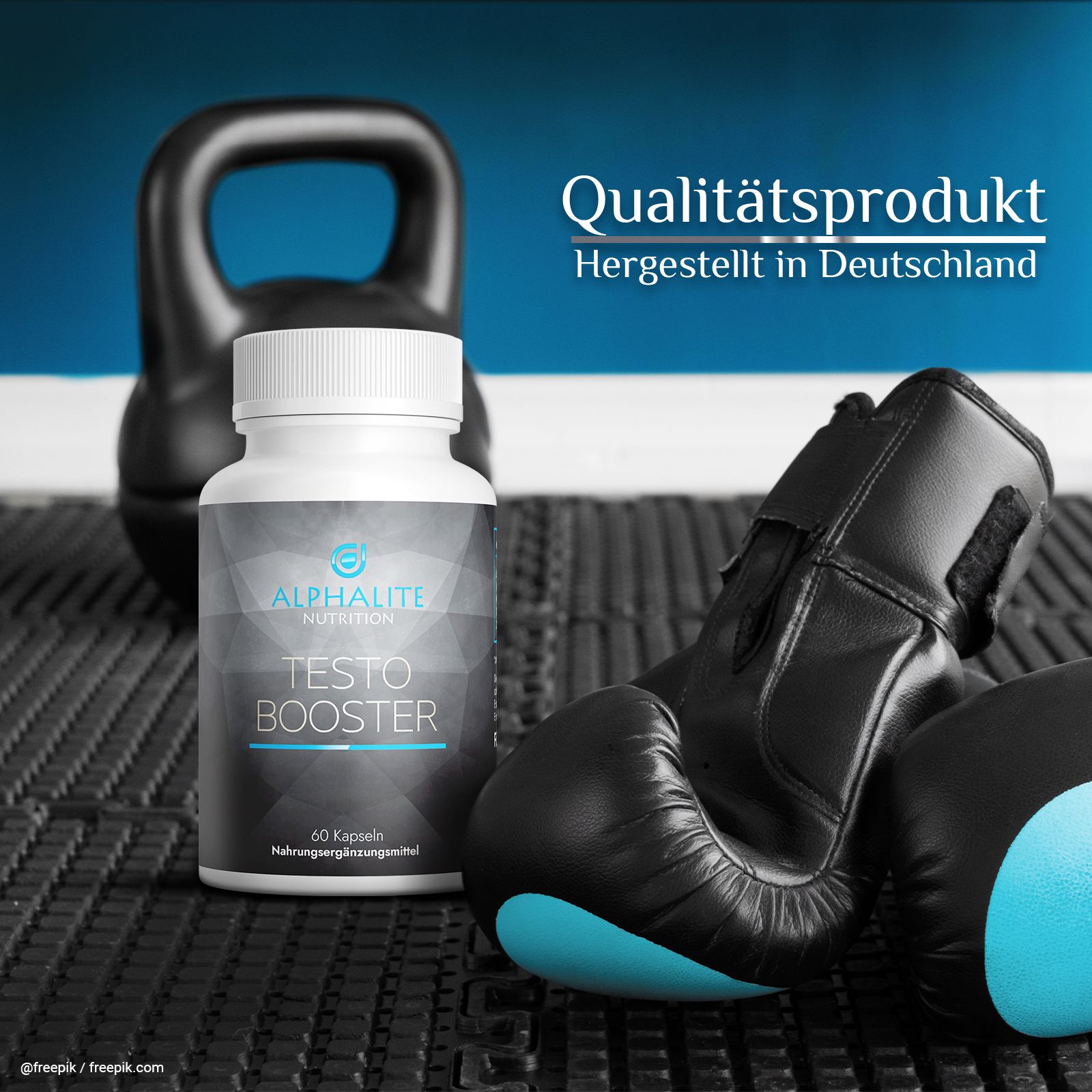 Weiße Flasche Alphalite Nutrition Testo Booster. Aufschrift: 60 Kapseln Nahrungsergänzungsmittel. Hintergrund: Boxhandschuhe und Kettlebell.