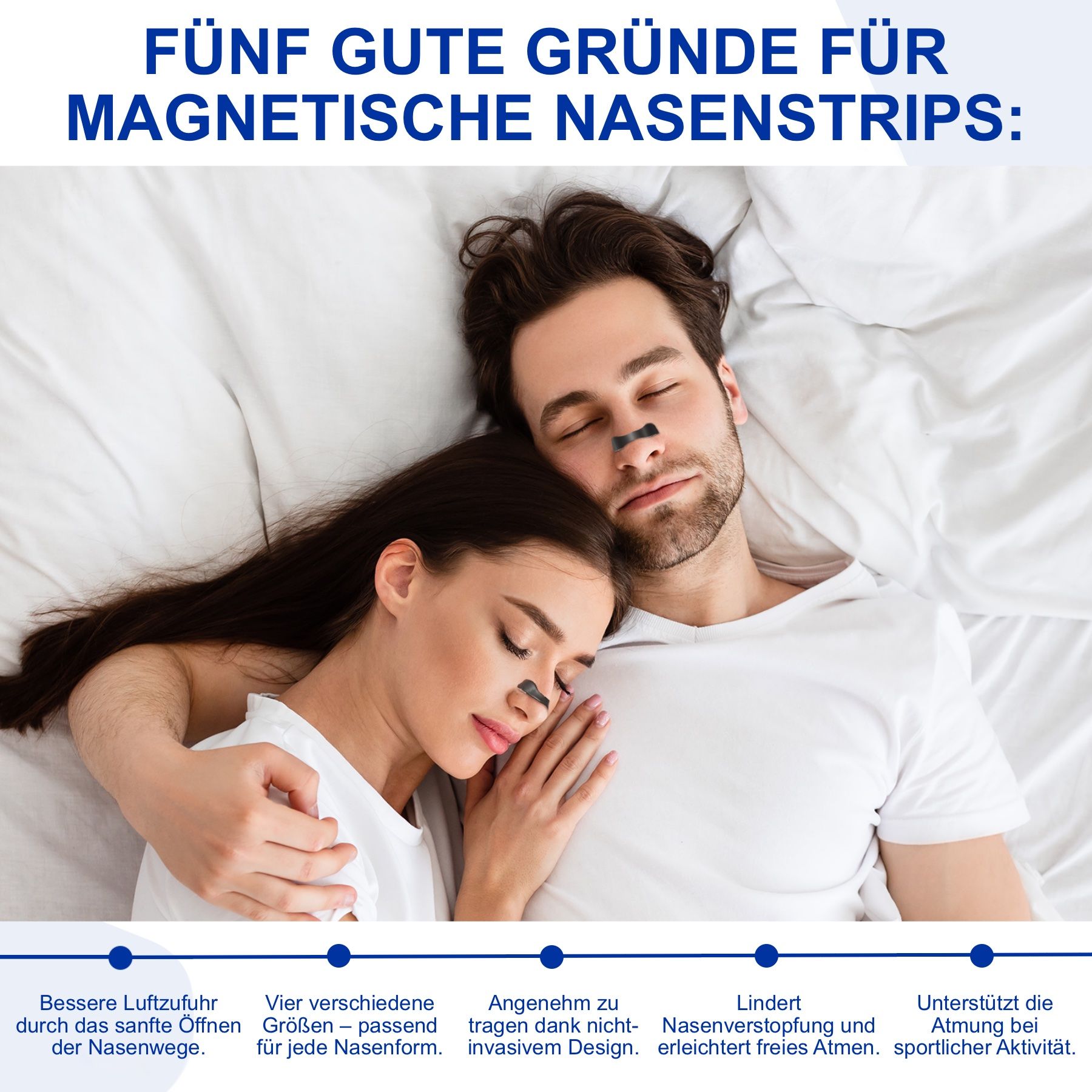 Coppia che dorme con strisce nasali. Testo: Cinque buoni motivi per le strisce nasali magnetiche. Migliore afflusso d'aria, quattro taglie, piacevole.