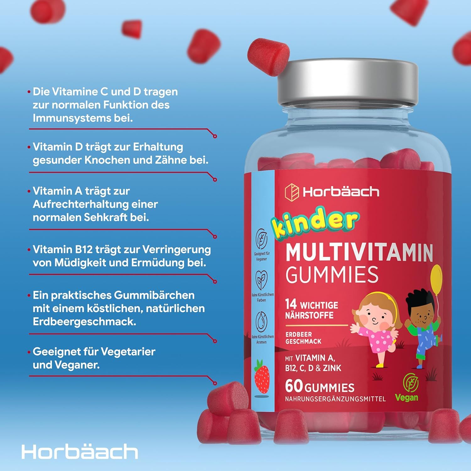 Rote Gummibärchen in einer Glasflasche. Aufschrift: Horbäach Kinder Multivitamin Gummies. 60 Gummies, Erdbeergeschmack, Vegan.