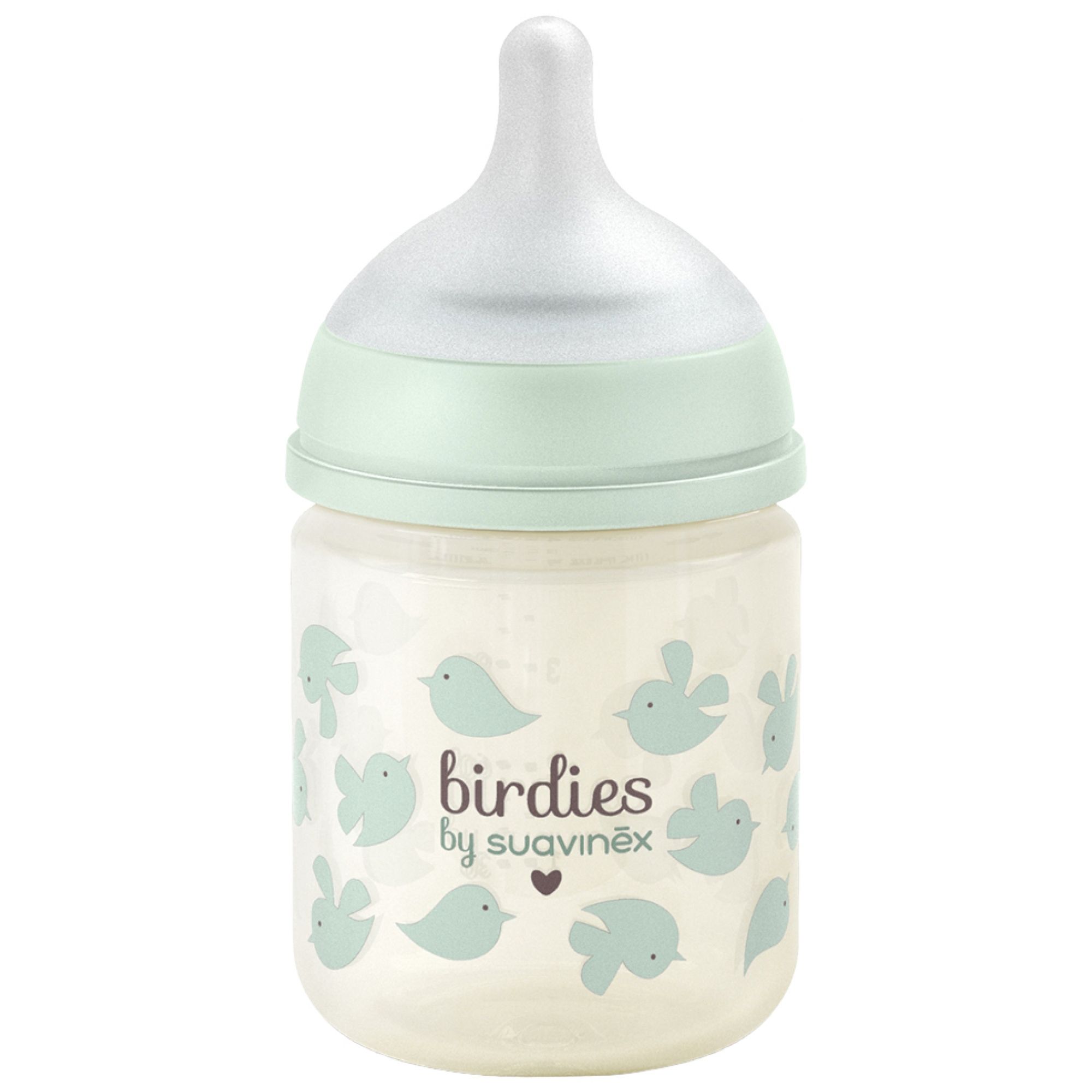 Suavinex Birdies Glasflasche symmetrischer Sauger extra langsamer Fluss ab 0 Monaten Grün 7x7x14 cm