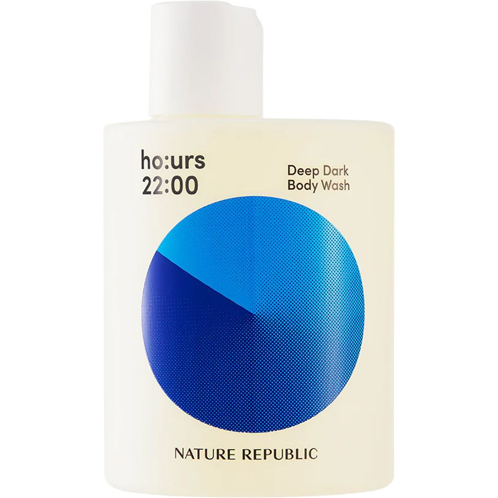 Körperwaschgel-Flasche mit weißem Deckel. Blaue Grafik mit Text: ho:urs 22:00 Deep Dark Body Wash. Marke: NATURE REPUBLIC.