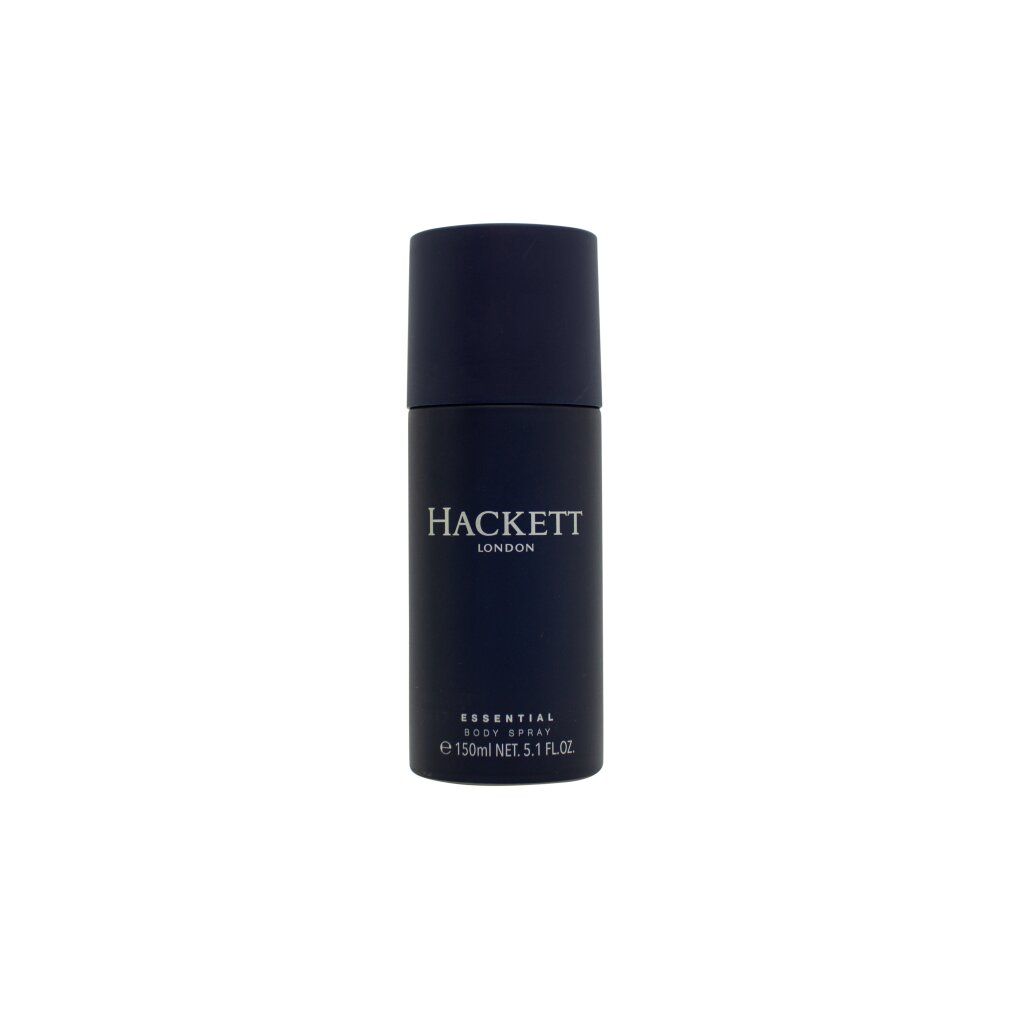 Dunkelblaue Sprühflasche. Aufschrift: HACKETT, ESSENTIAL BODY SPRAY. Volumen: 150 ml.