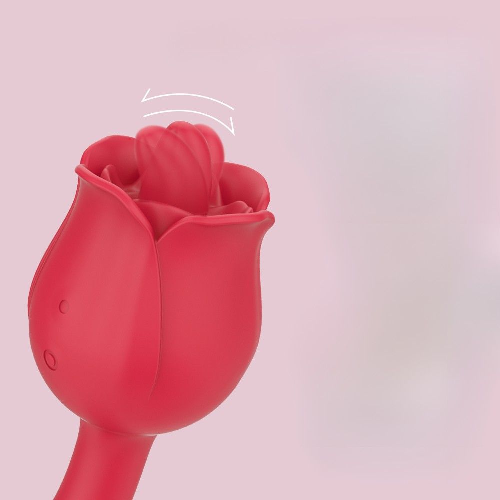 Roter Vibrator in Rosenform. Mit einem Stiel und einem blütenförmigen Kopf. Nahaufnahme der Spitze.